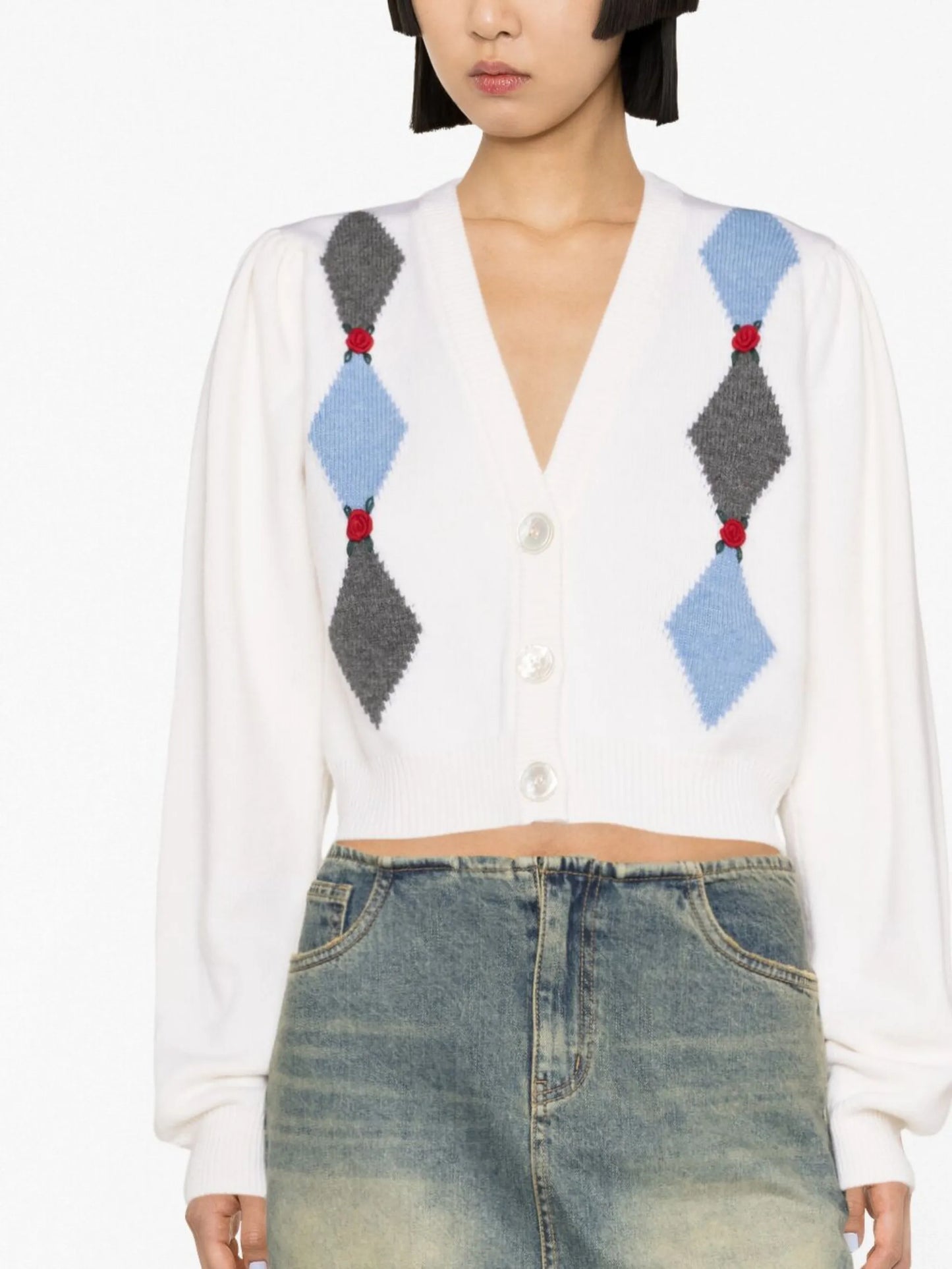 floral-embellished argyle wool cardigan