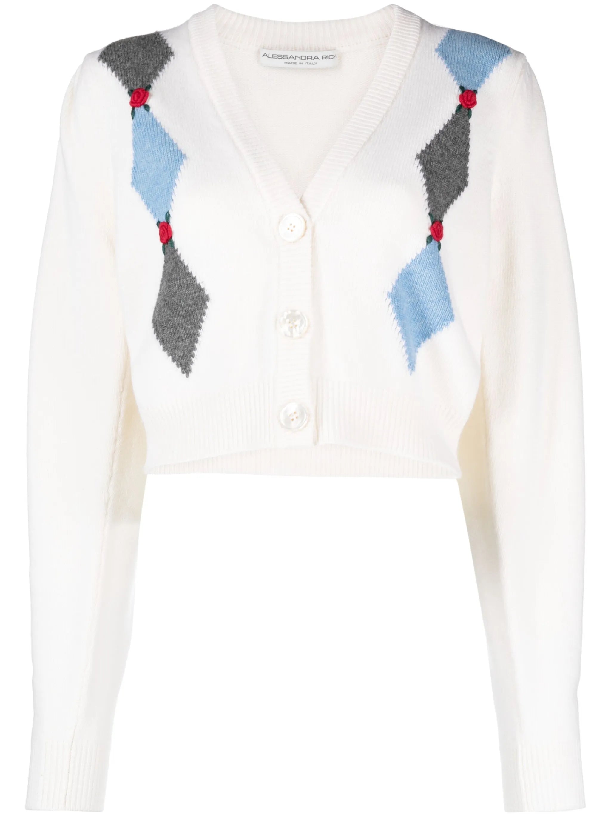 floral-embellished argyle wool cardigan