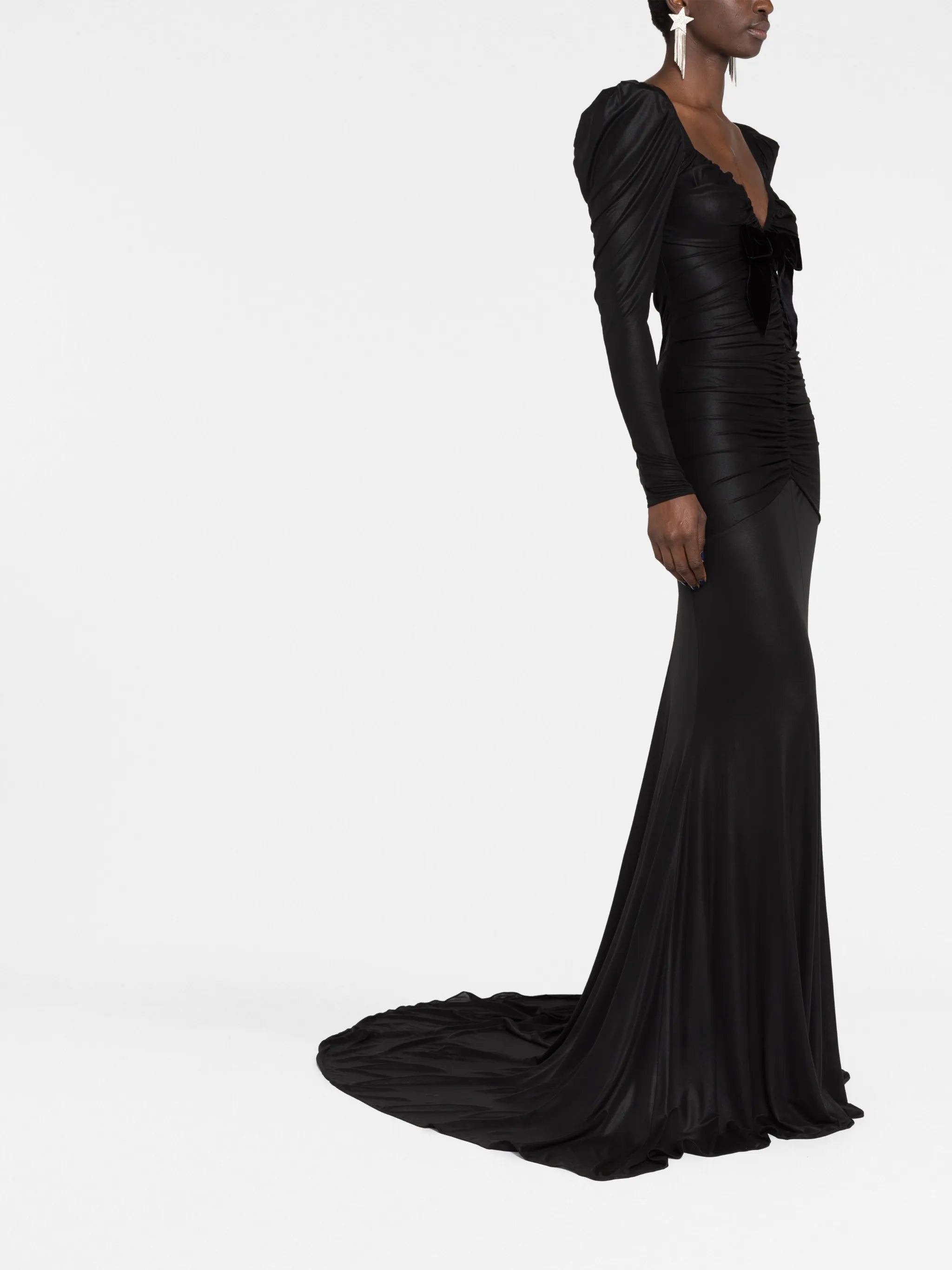 gathered bow-embellished gown
