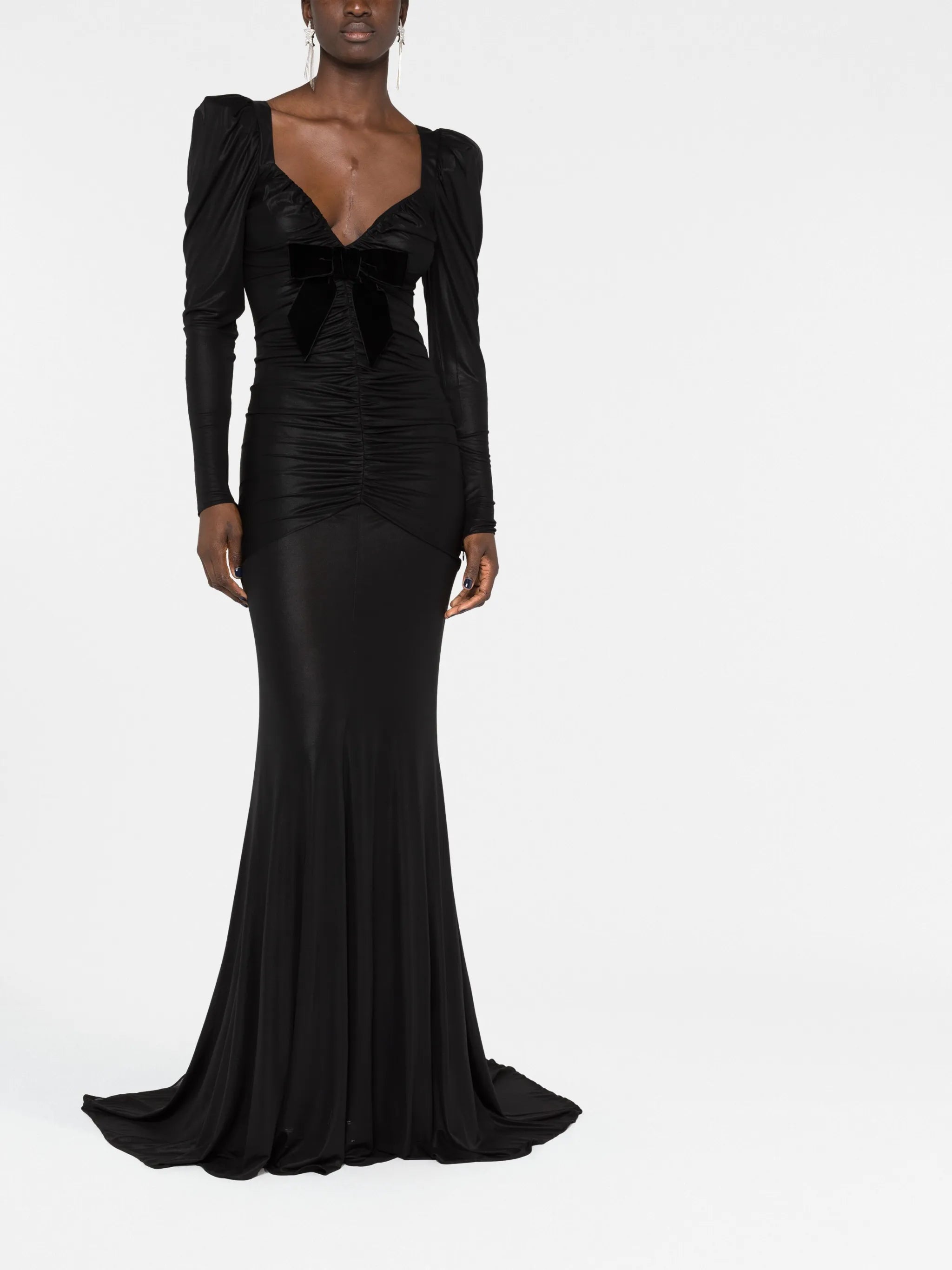 gathered bow-embellished gown