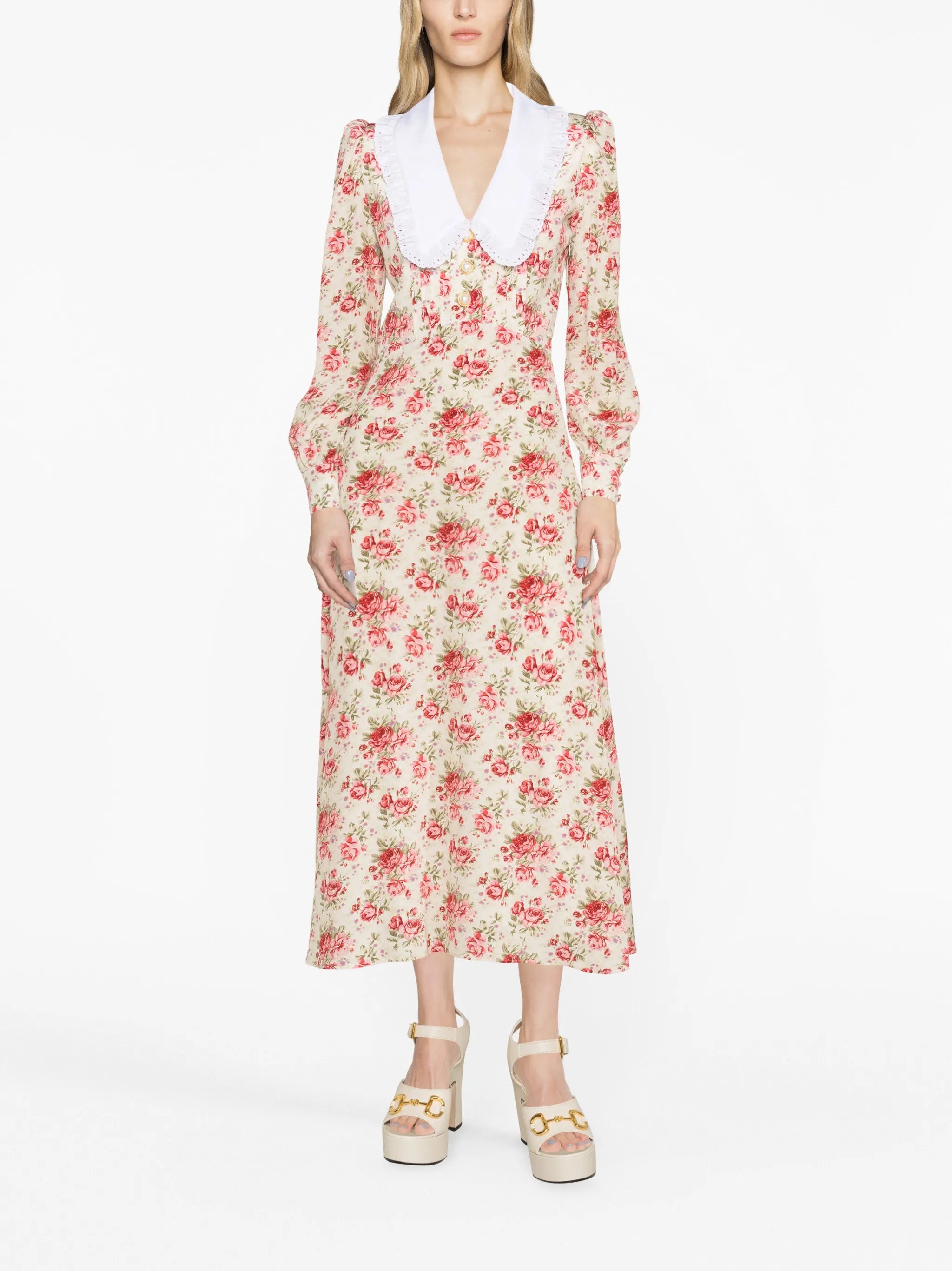 rose-print silk midi dress