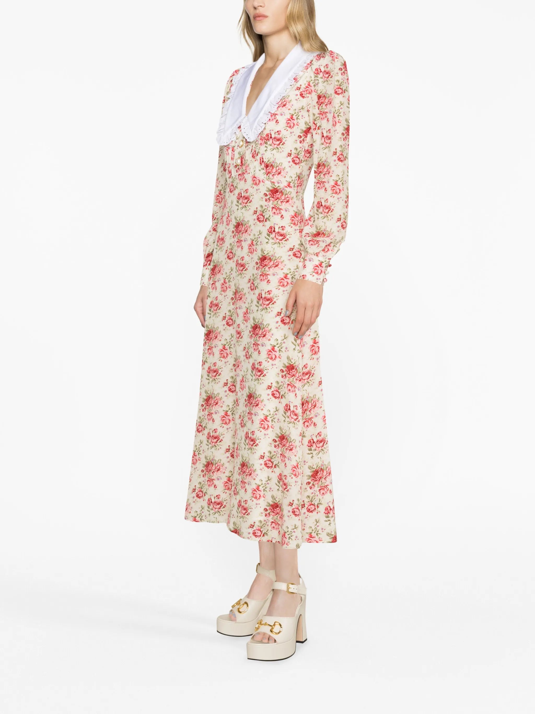rose-print silk midi dress