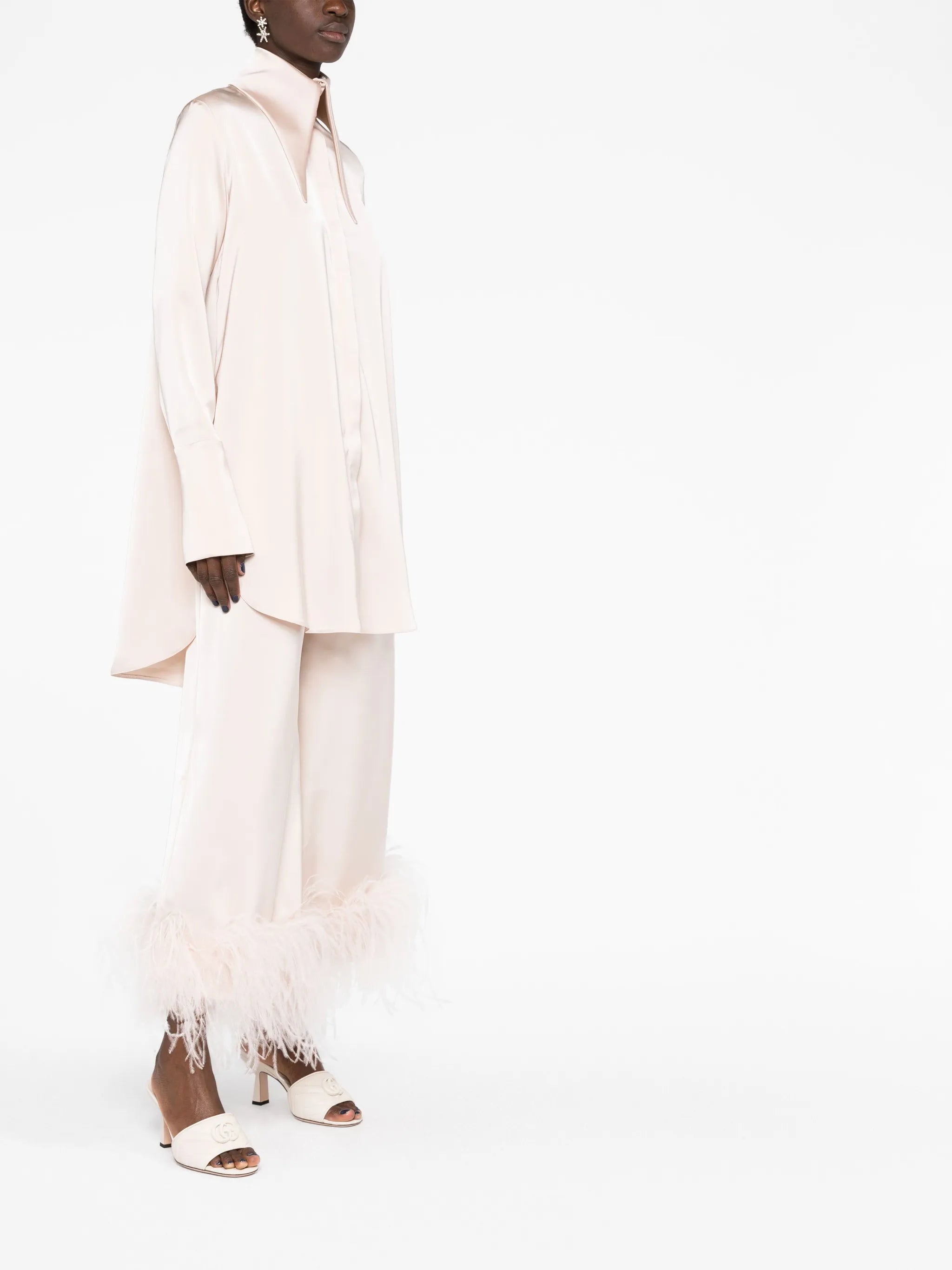 feather-trimmed wide-leg trousers