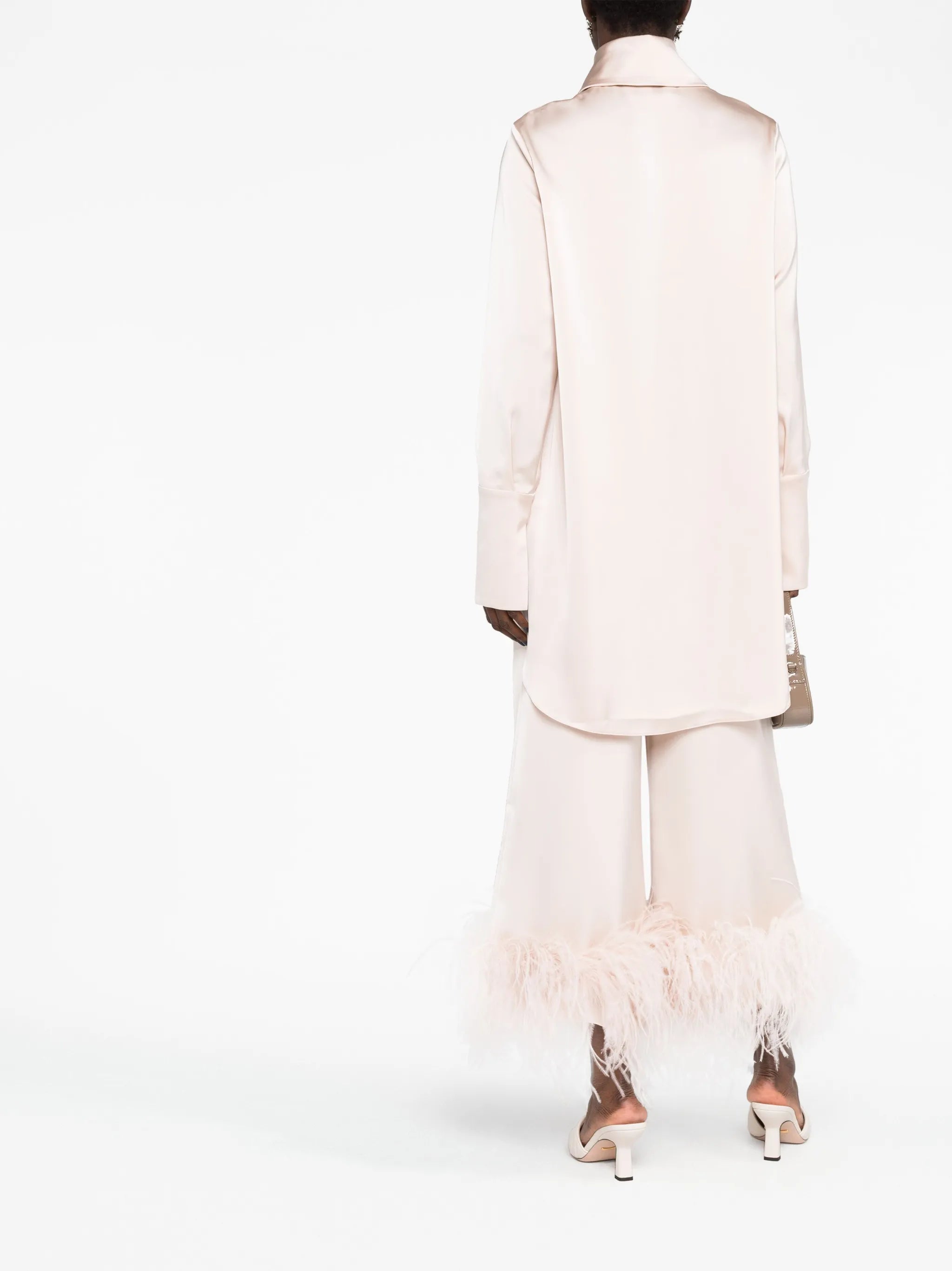 feather-trimmed wide-leg trousers