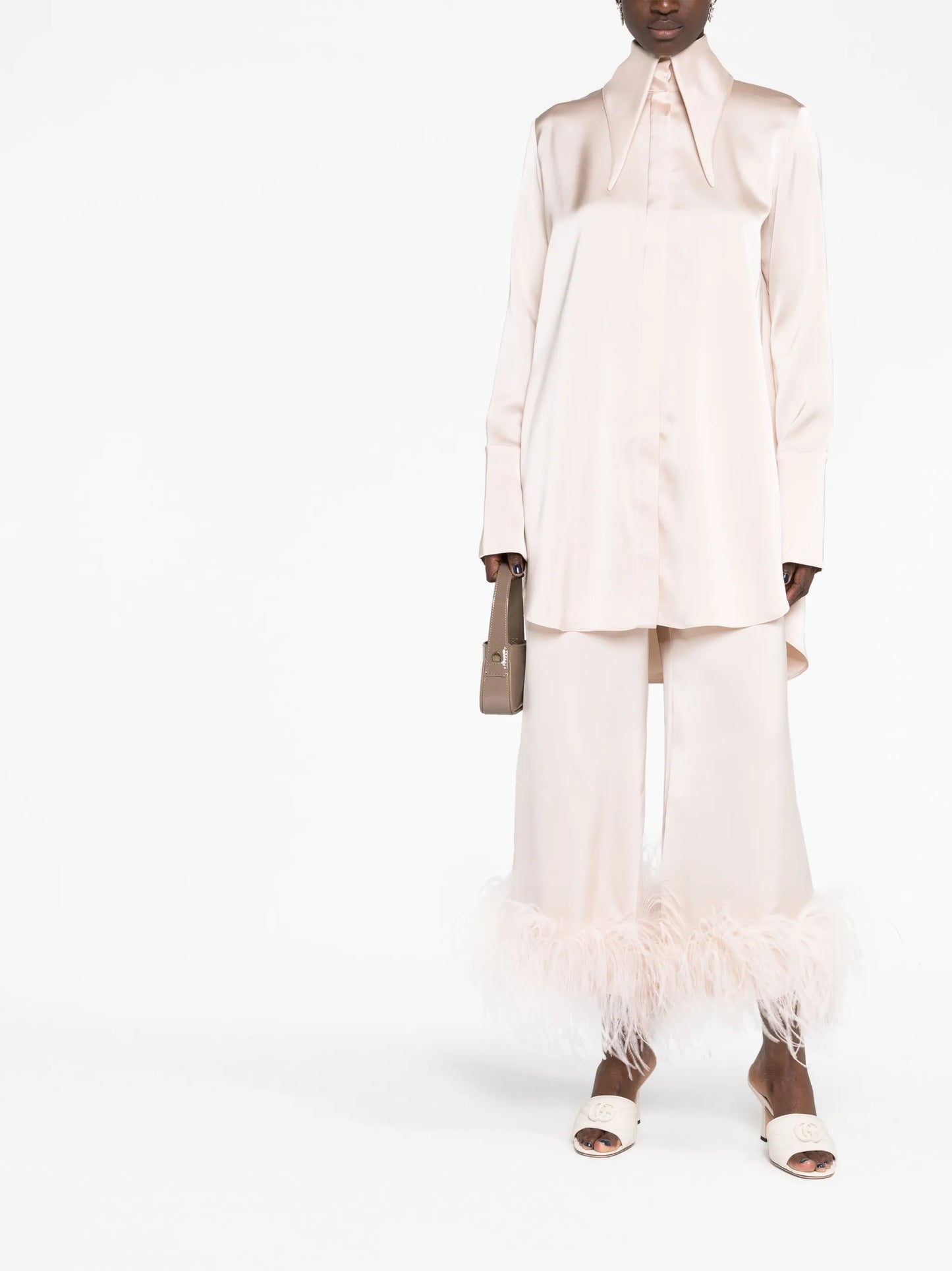 feather-trimmed wide-leg trousers