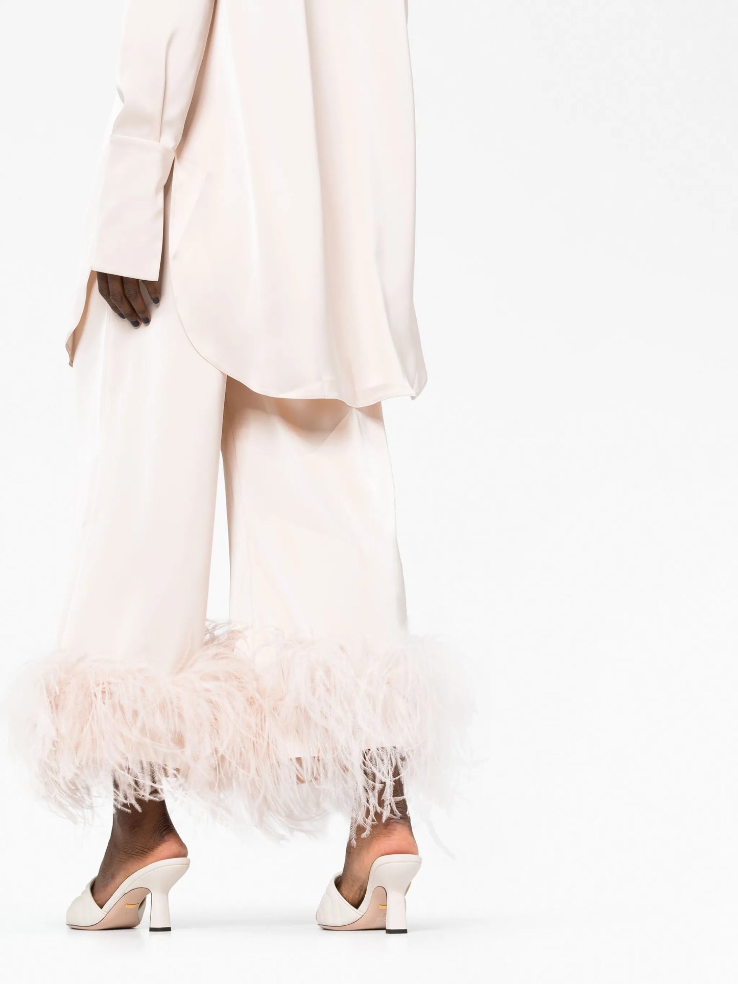 feather-trimmed wide-leg trousers