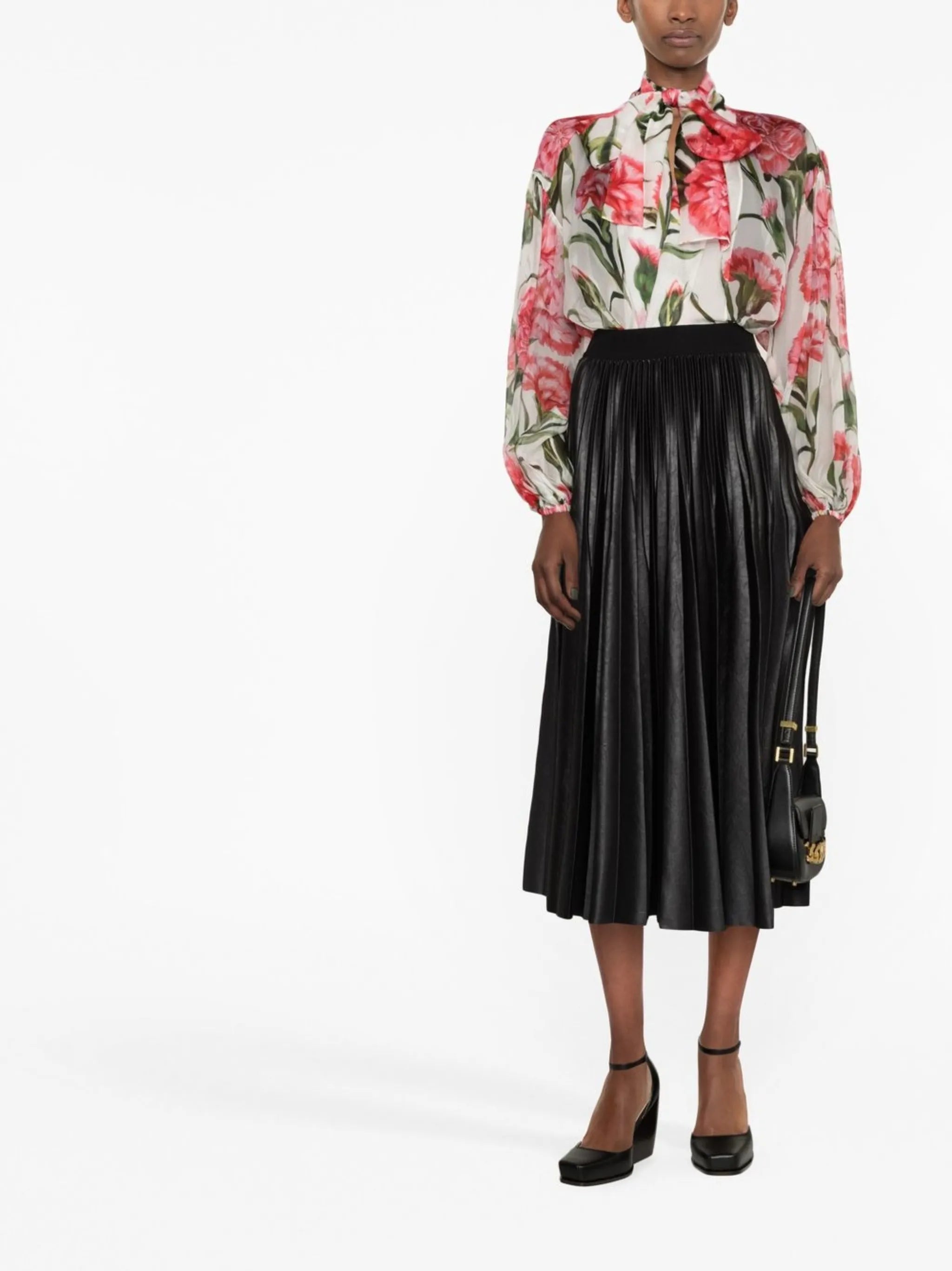 Carnation-print tie-neck silk blouse