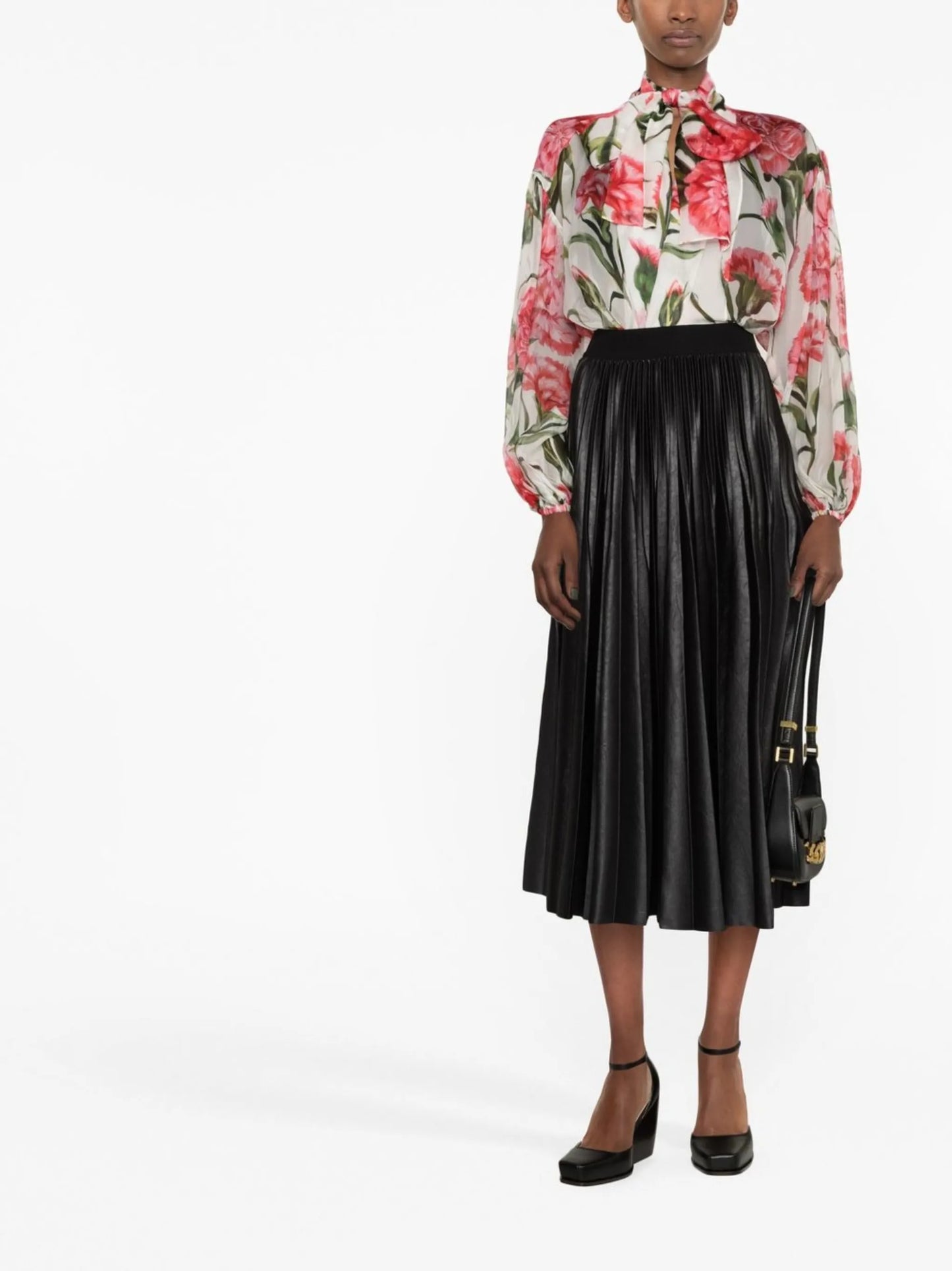 Carnation-print tie-neck silk blouse