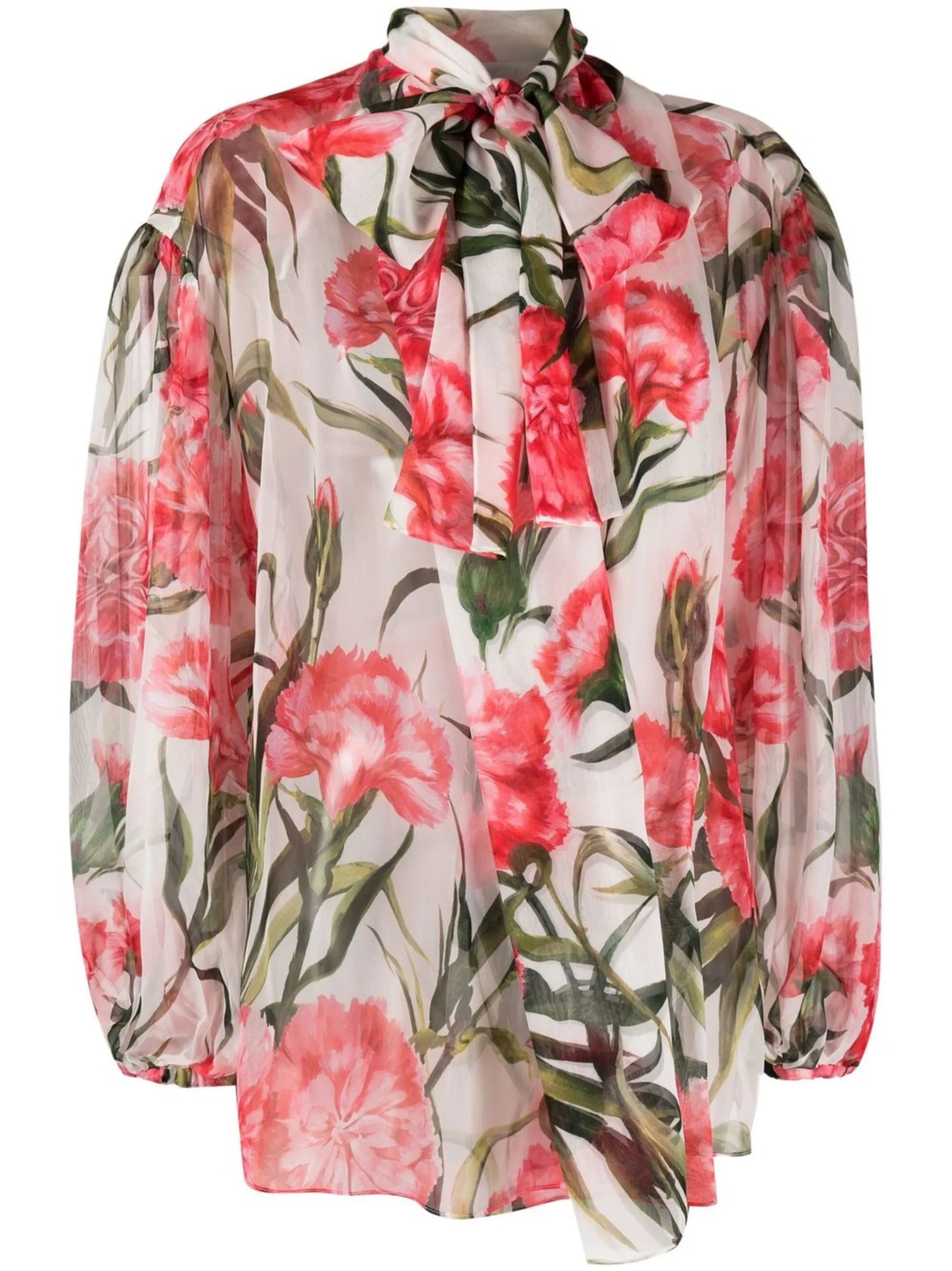 Carnation-print tie-neck silk blouse