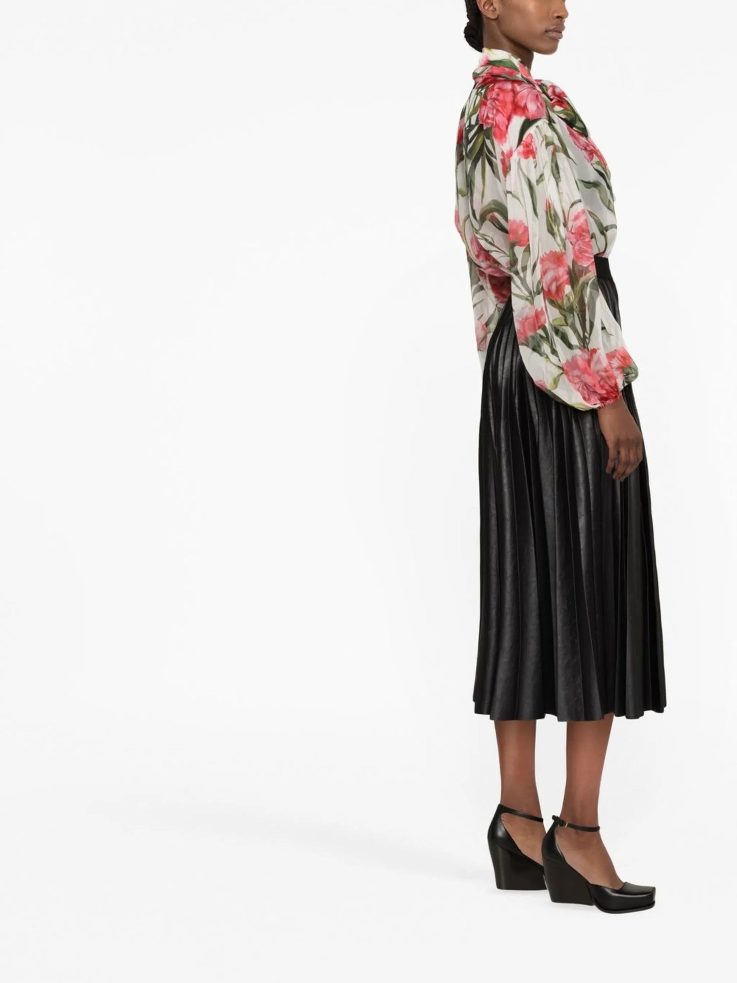 Carnation-print tie-neck silk blouse