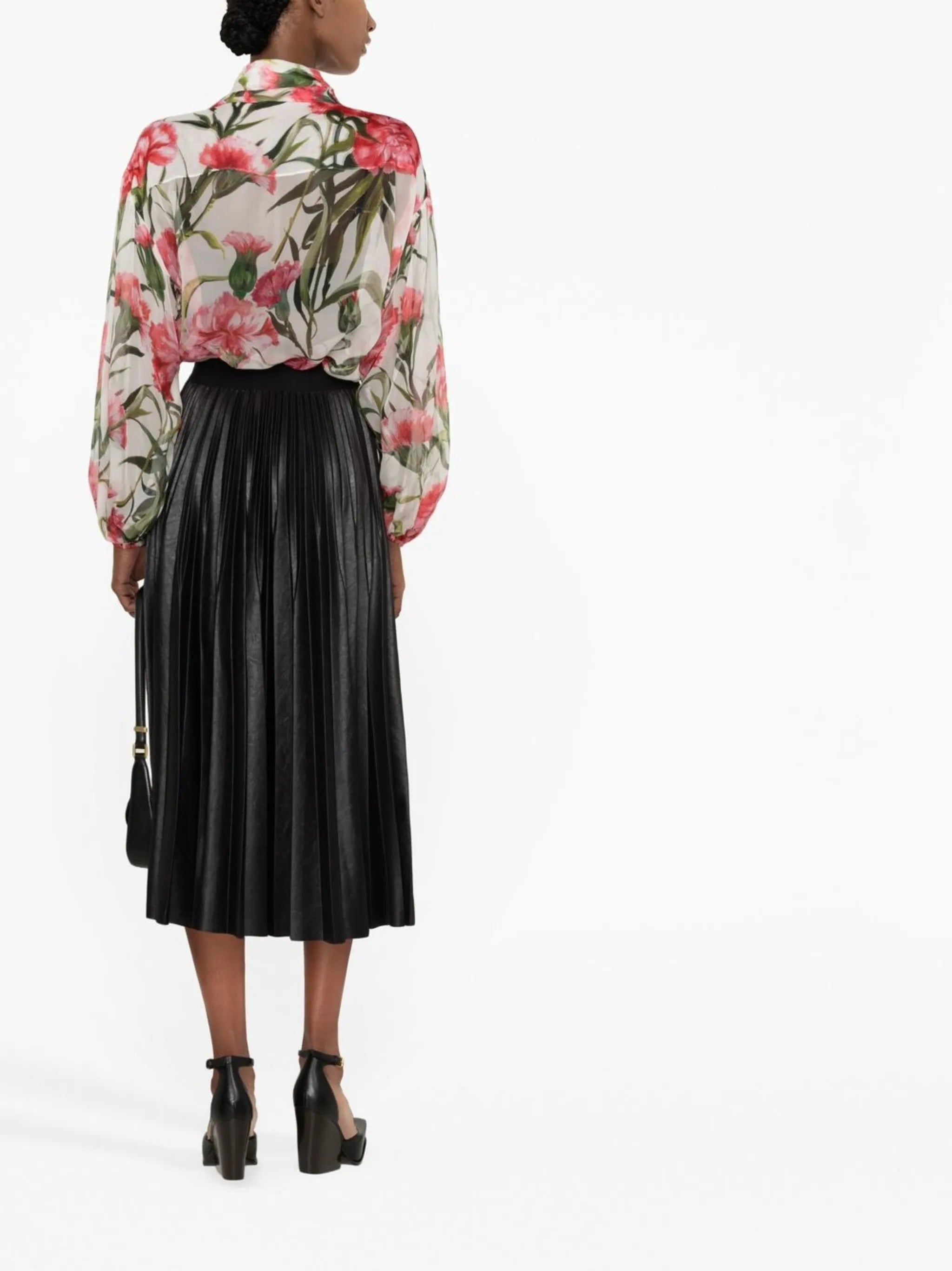 Carnation-print tie-neck silk blouse