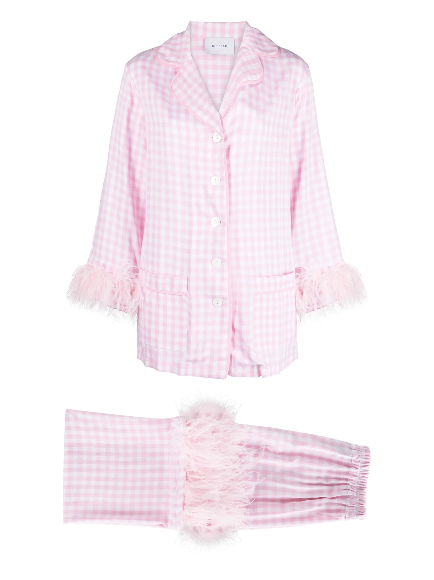 check-print feather-trim pyjamas