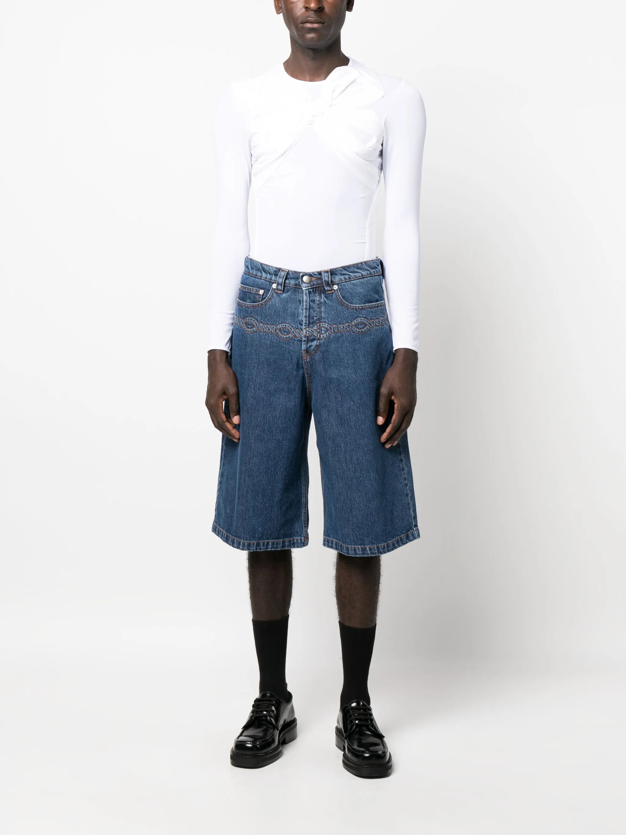 corded washed denim shorts