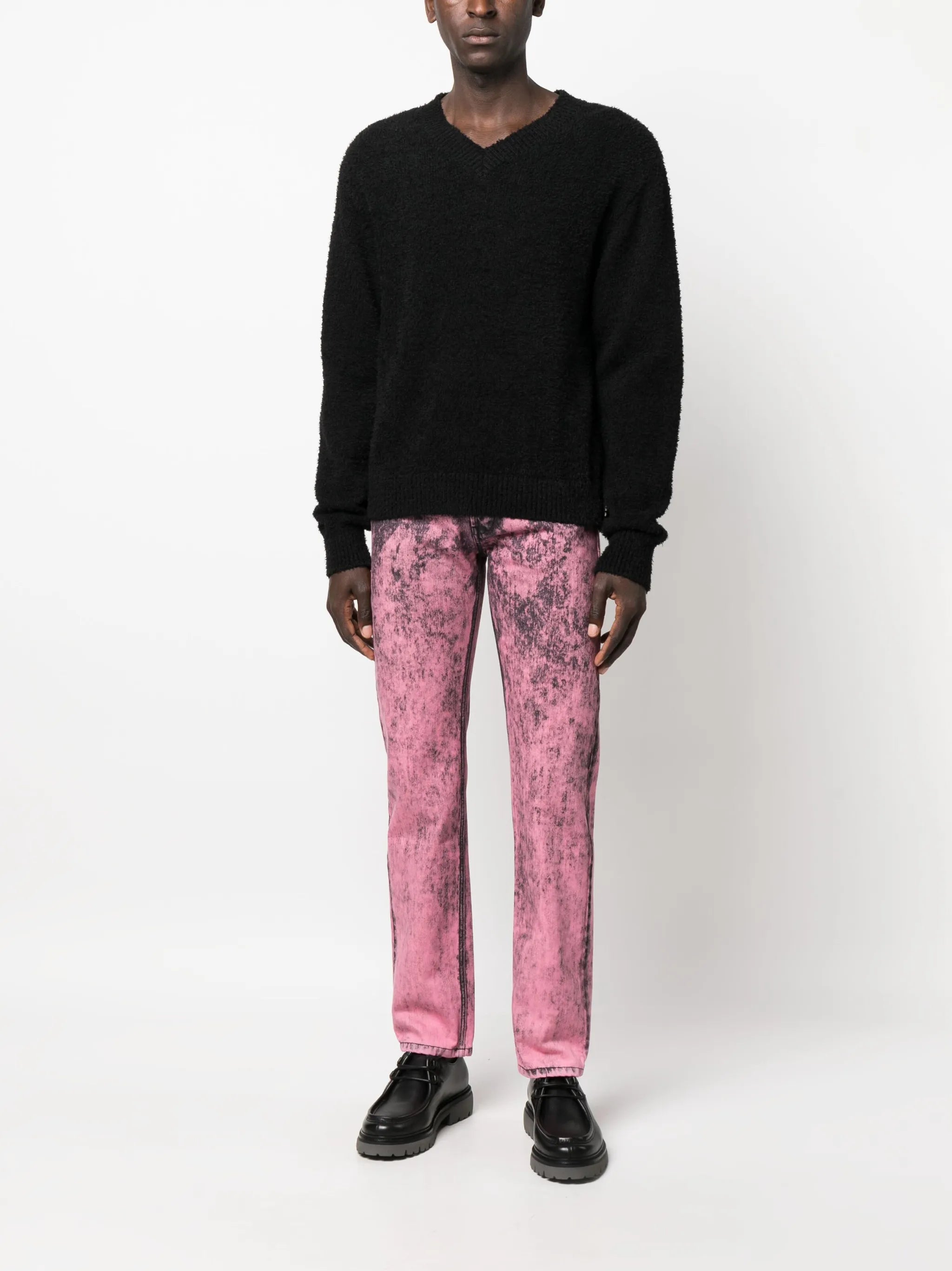 distressed-finish straight-leg jeans