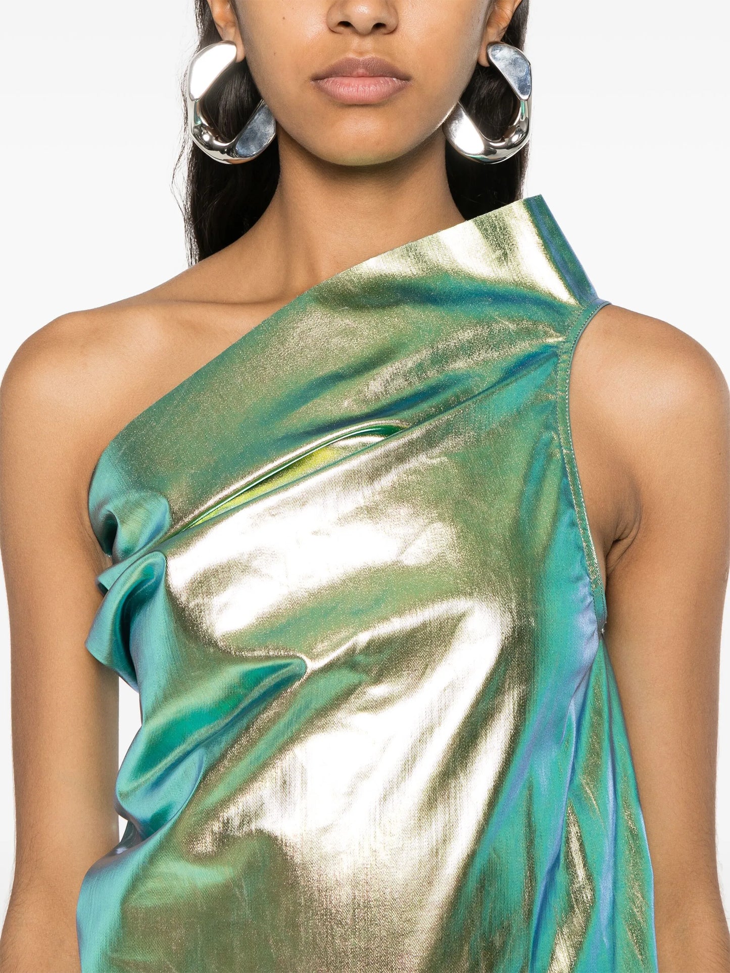 Athena iridescent-effect one-shoulder gown