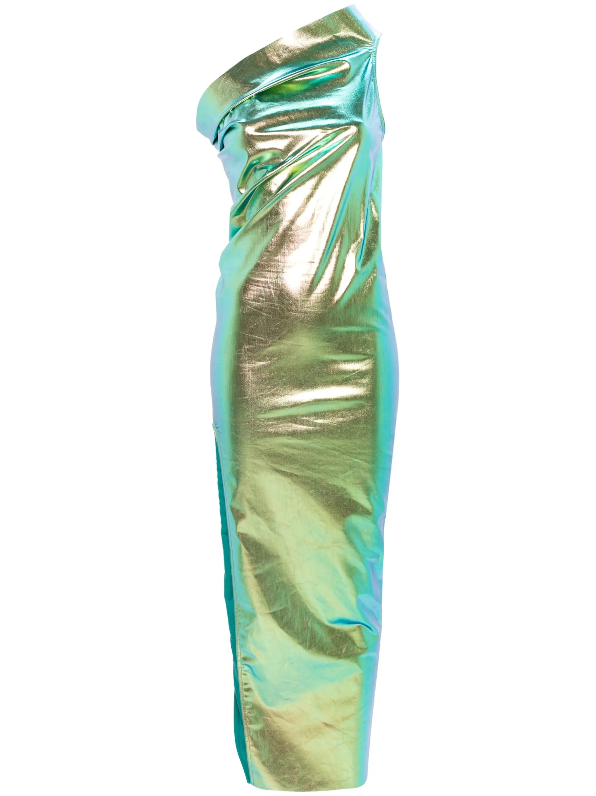 Athena iridescent-effect one-shoulder gown