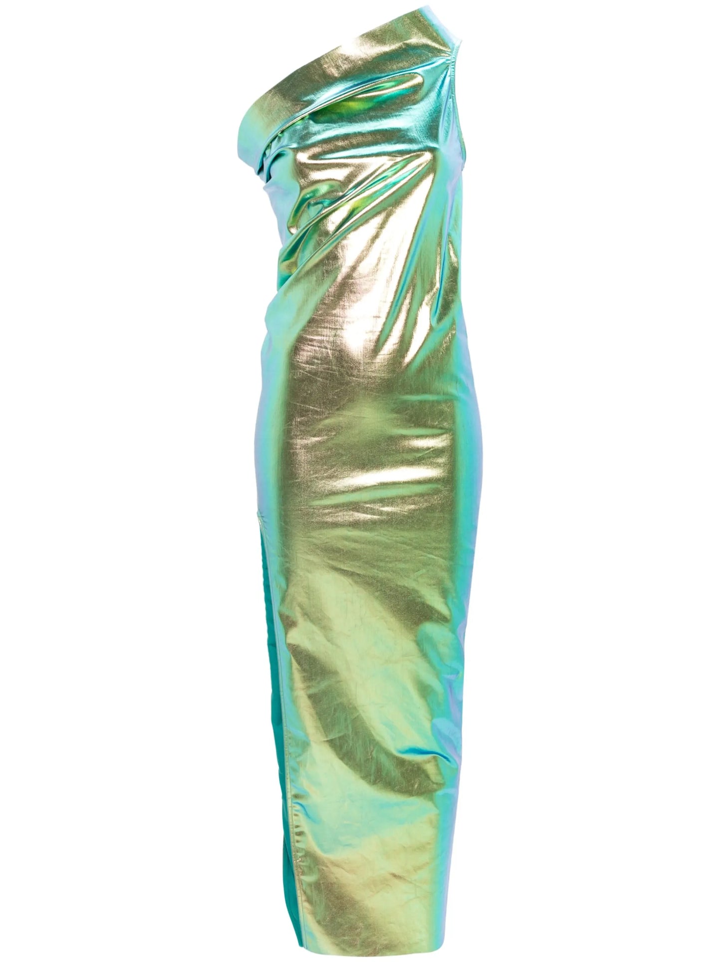 Athena iridescent-effect one-shoulder gown