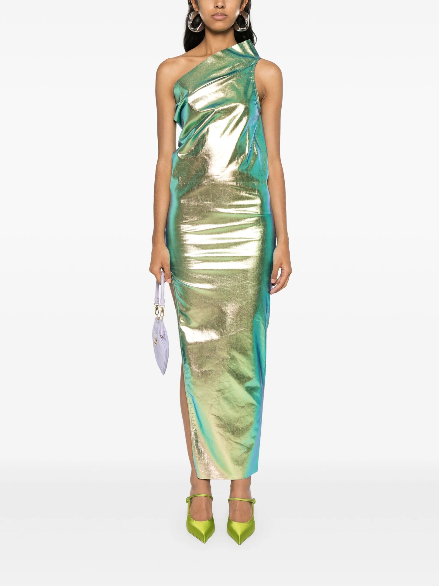 Athena iridescent-effect one-shoulder gown