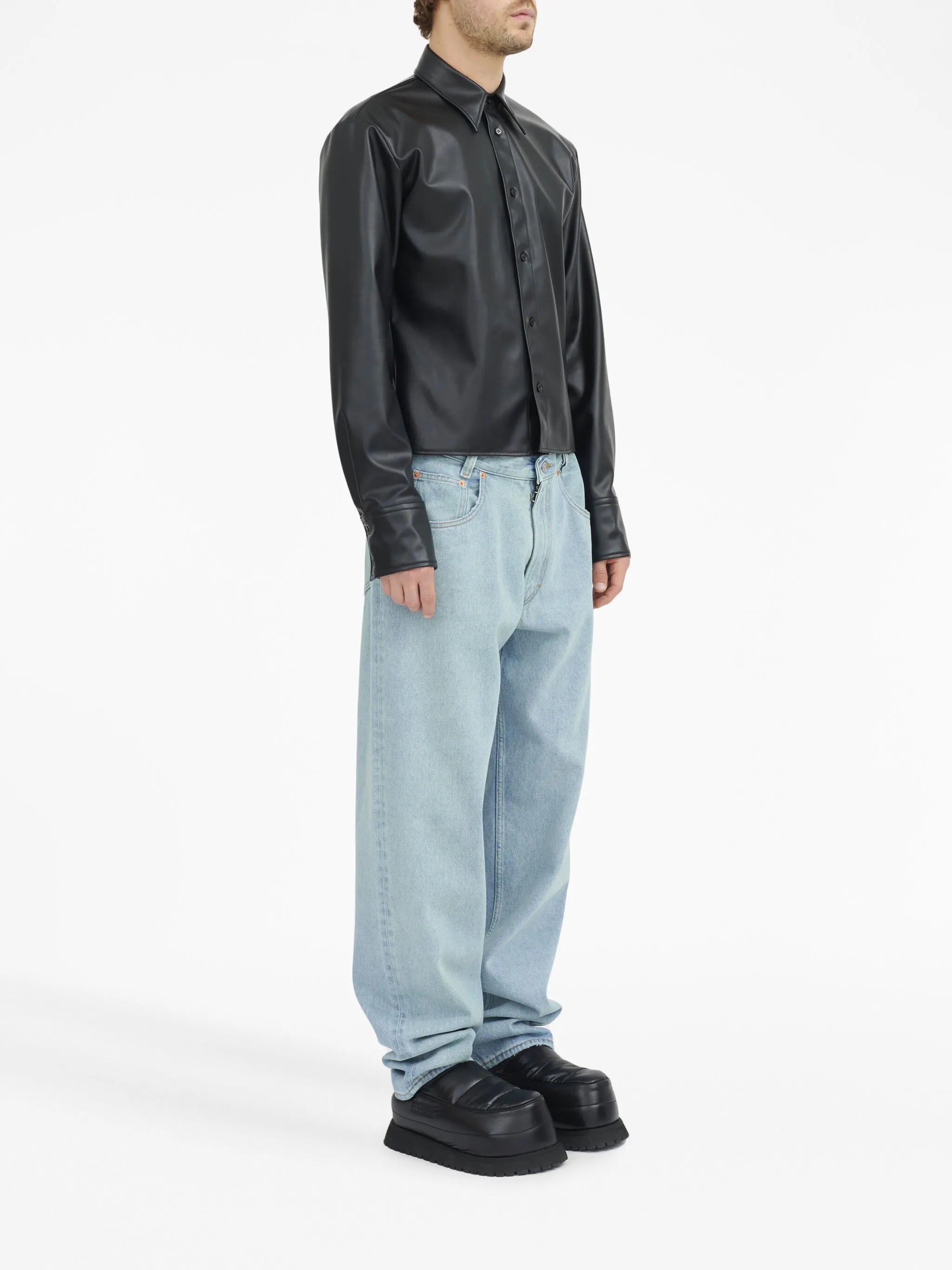 long-sleeve faux-leather shirt