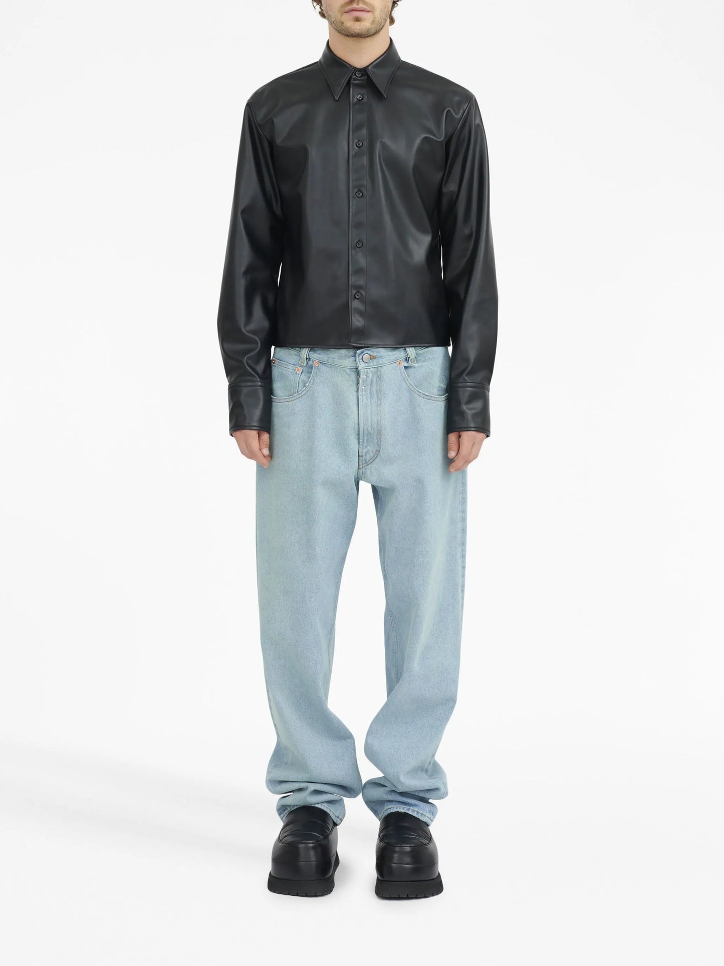 long-sleeve faux-leather shirt