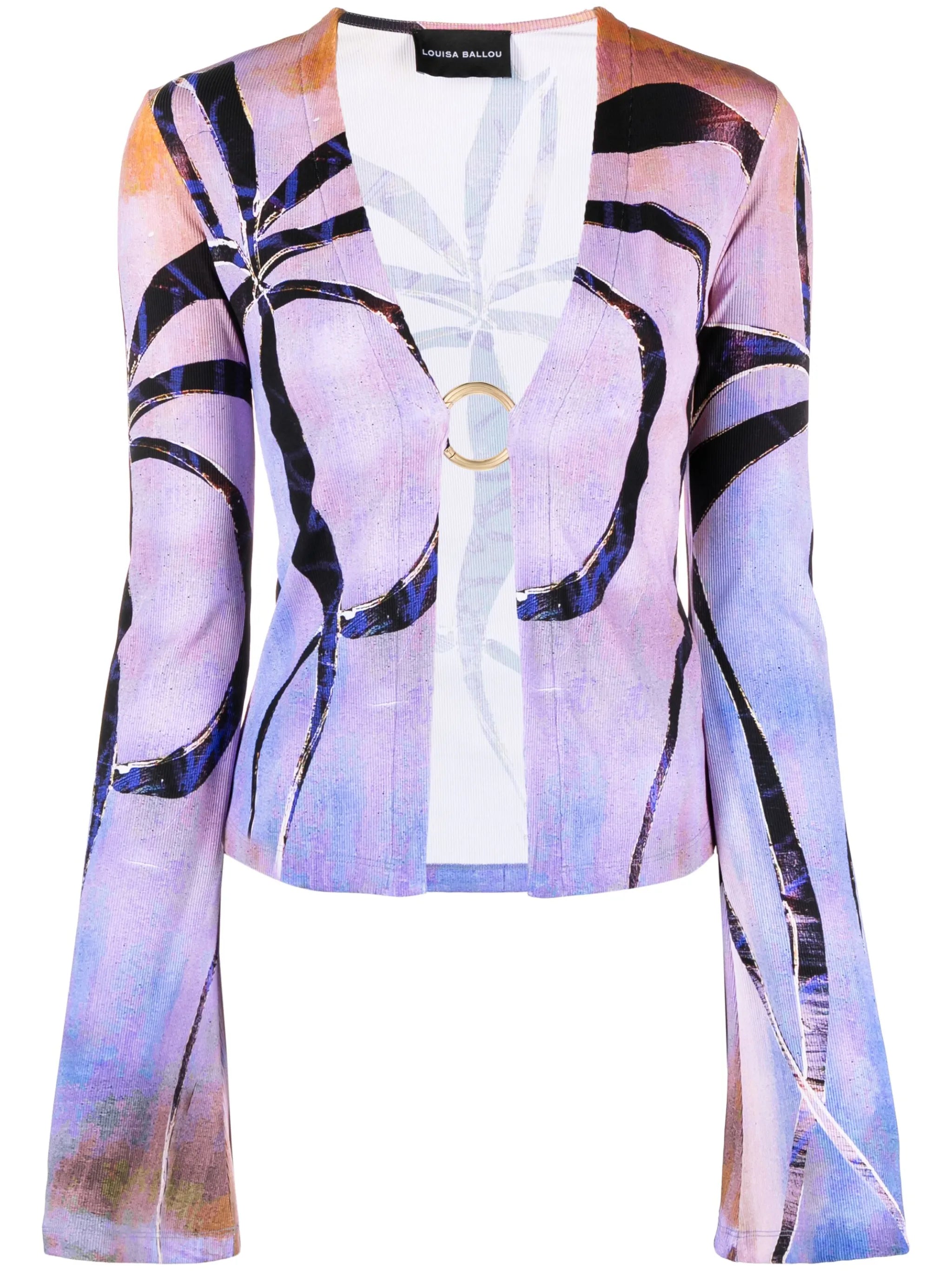 botanical-print ribbed cardigan