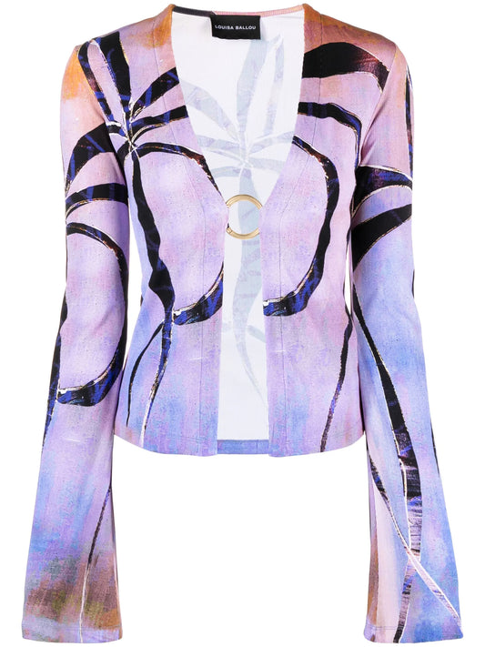 botanical-print ribbed cardigan
