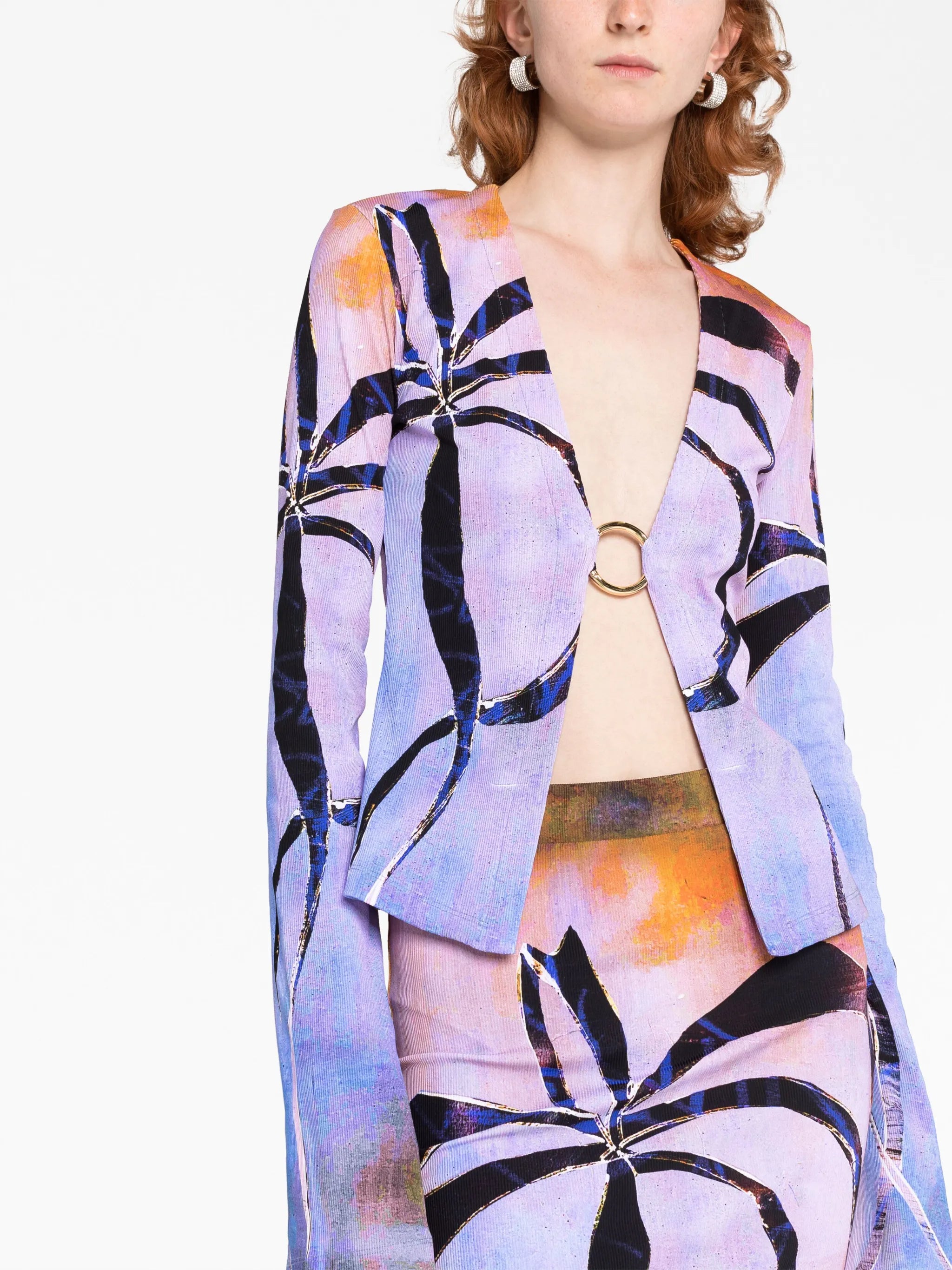 botanical-print ribbed cardigan