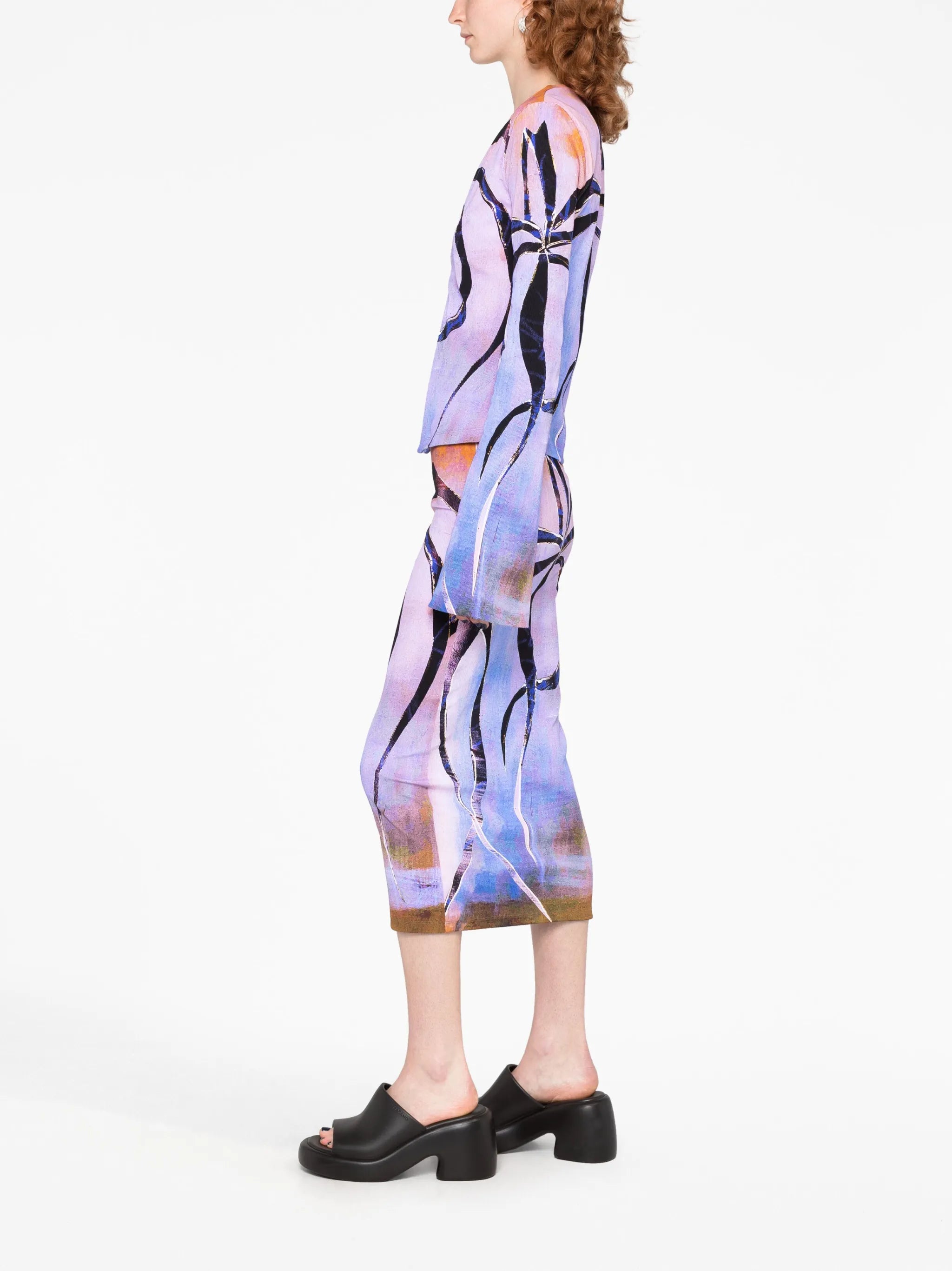 botanical-print ribbed cardigan