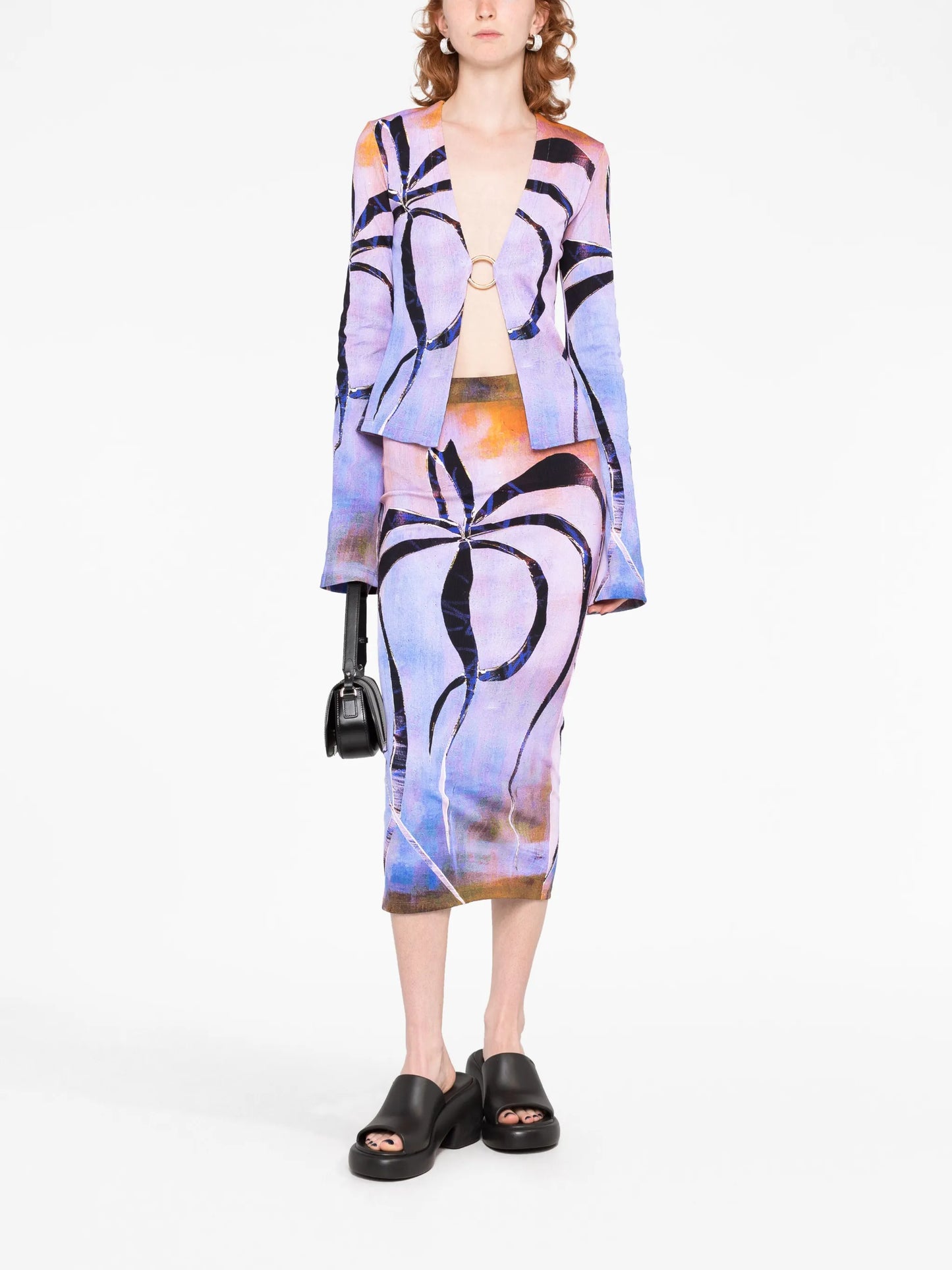 botanical-print ribbed cardigan