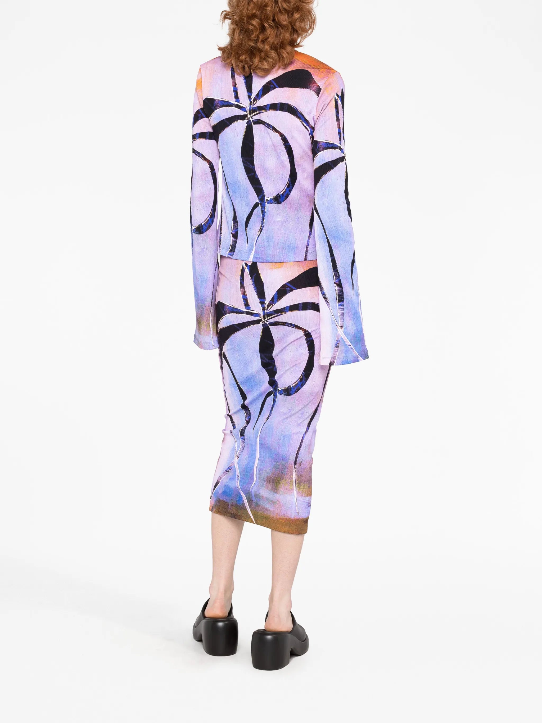 botanical-print ribbed cardigan