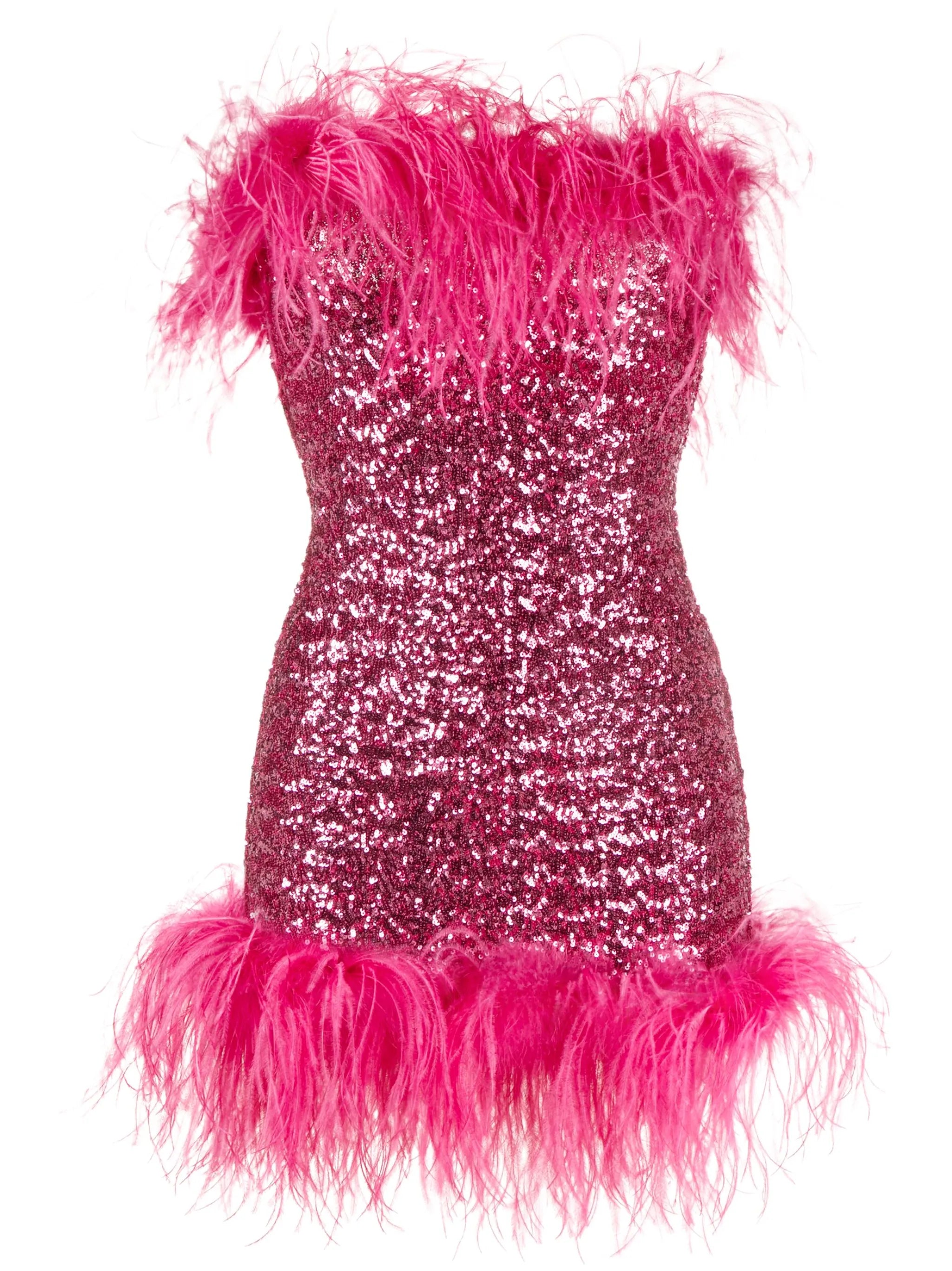 feather-trim sequin strapless dress