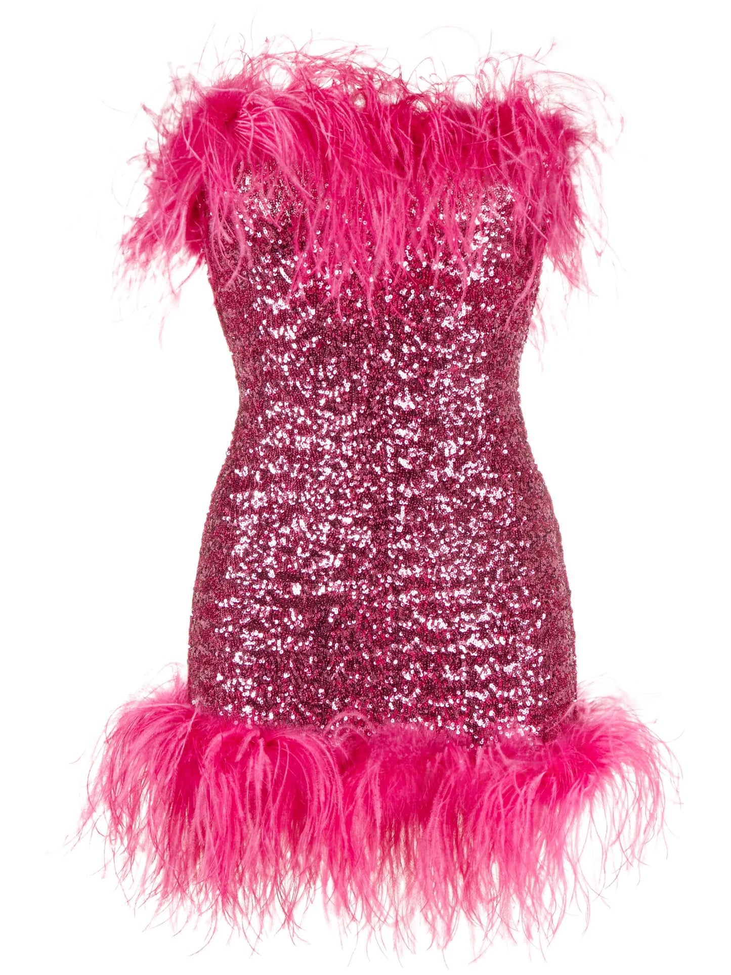 feather-trim sequin strapless dress