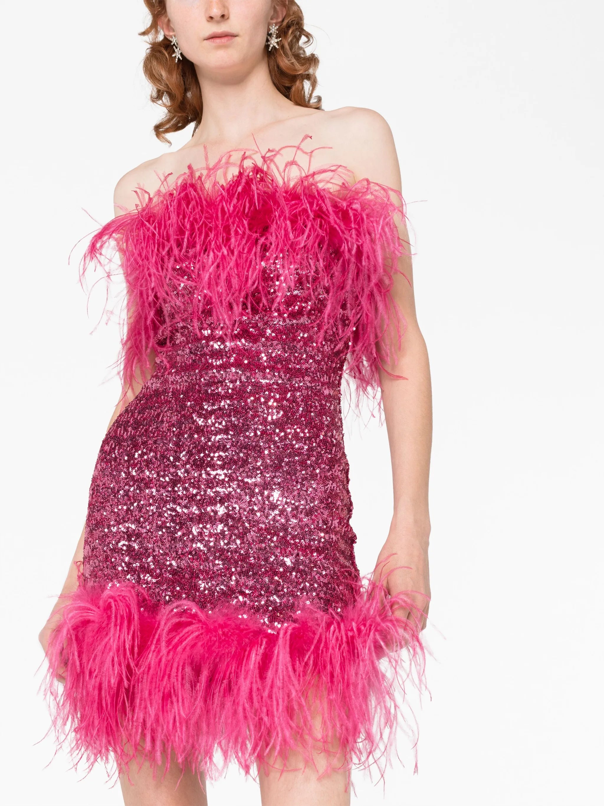 feather-trim sequin strapless dress
