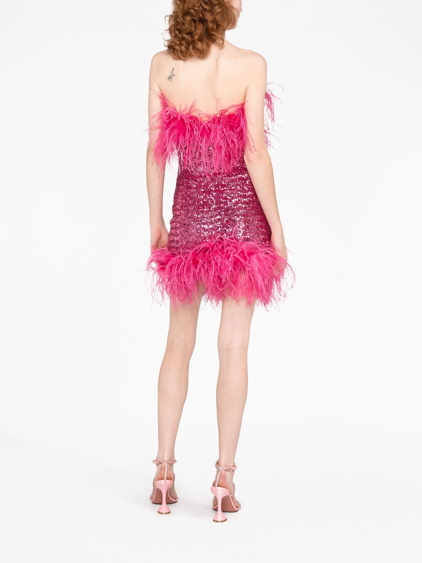 feather-trim sequin strapless dress