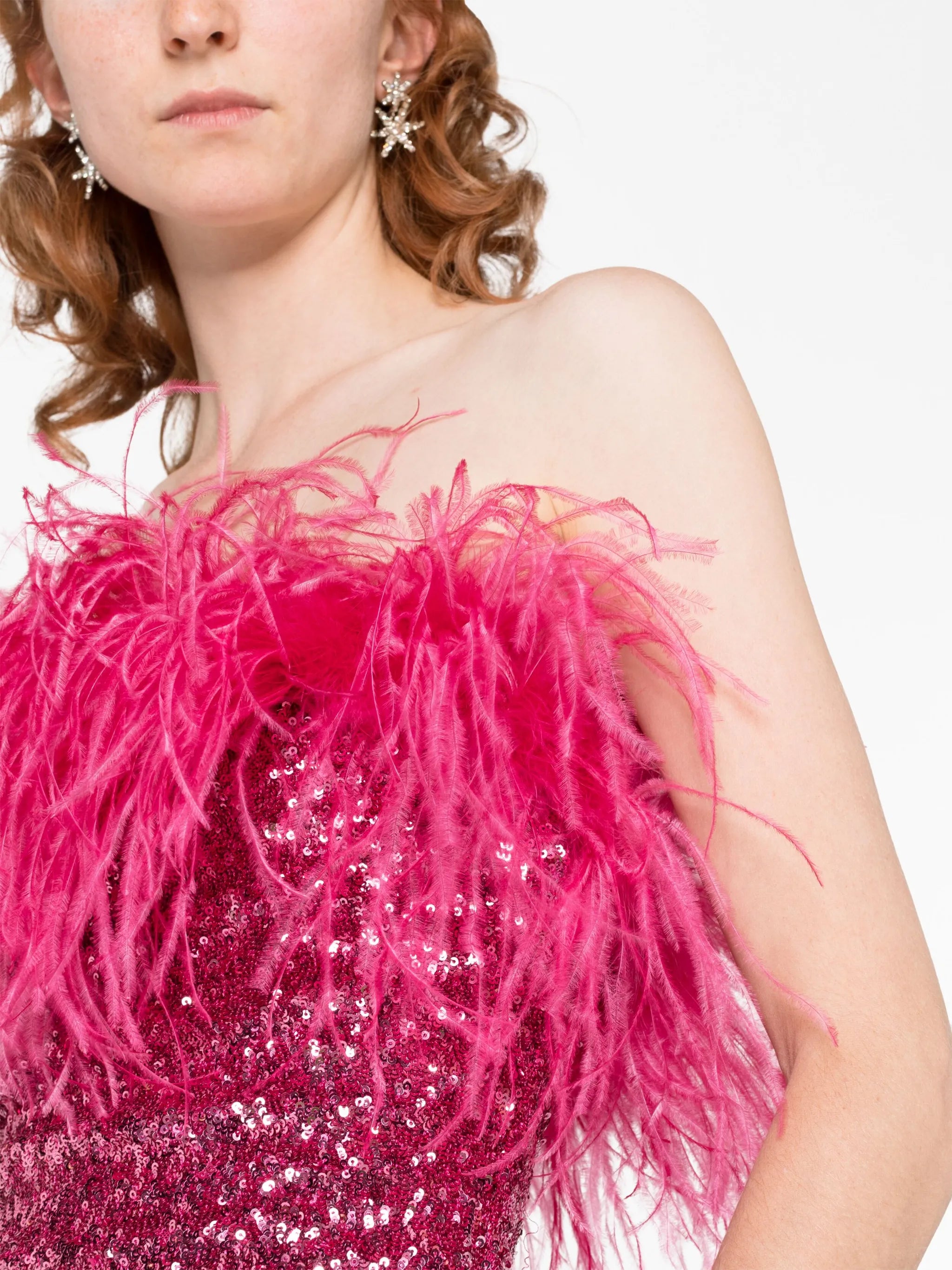 feather-trim sequin strapless dress