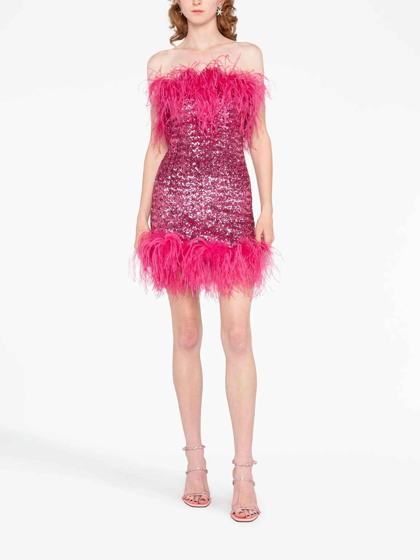 feather-trim sequin strapless dress