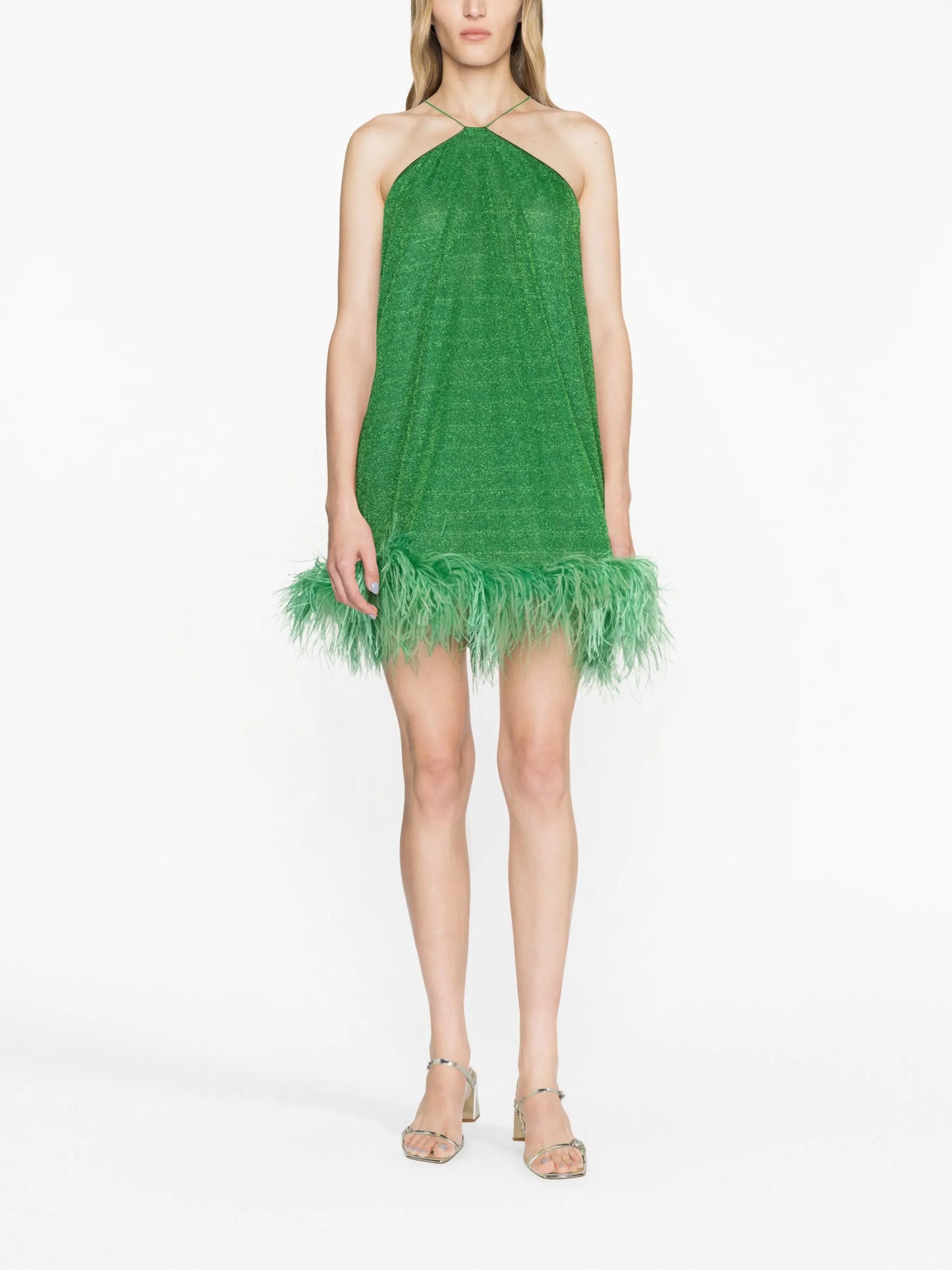 lurex-detail feather-trim dress