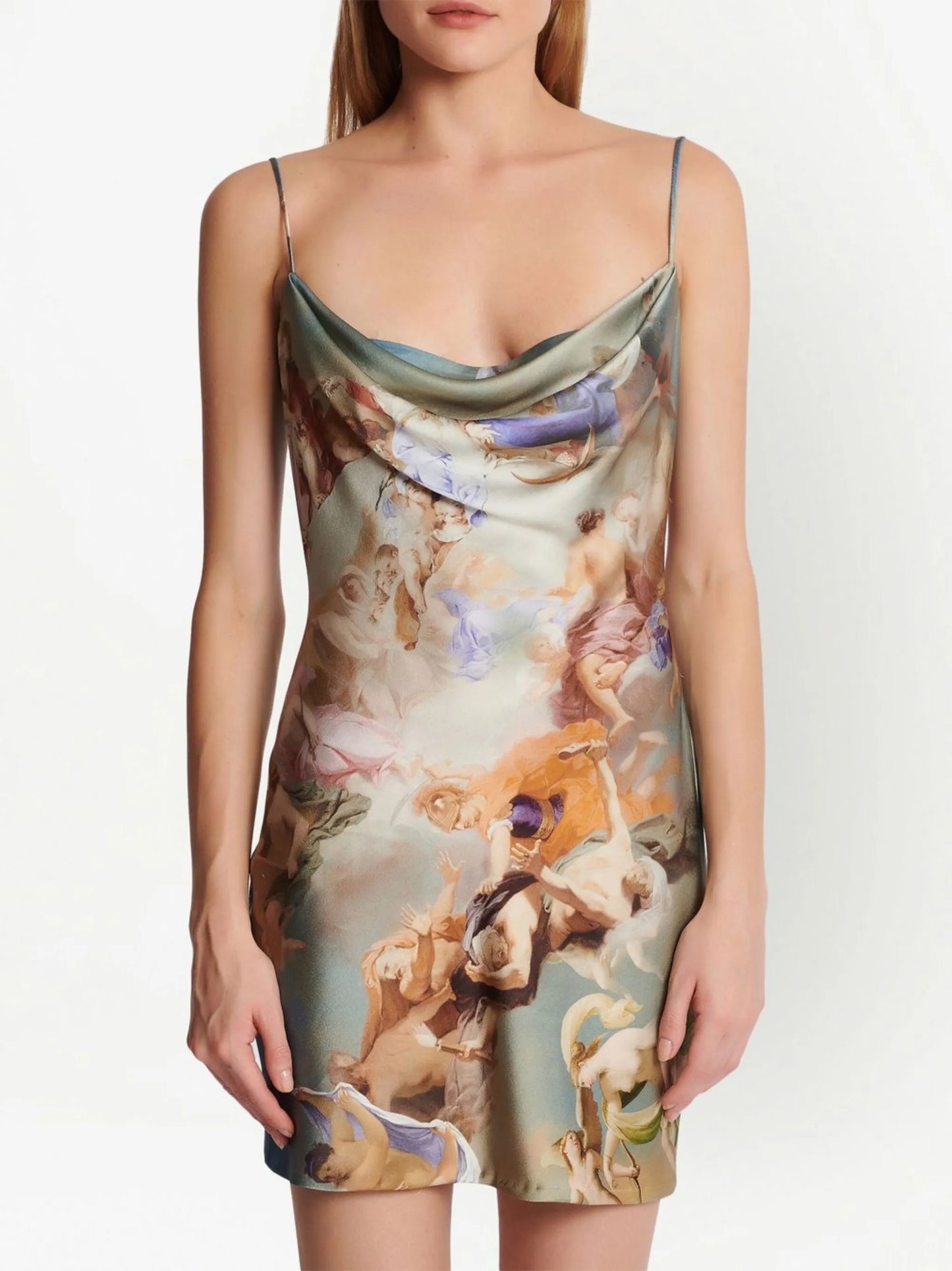 Sky-print cowl-neck minidress
