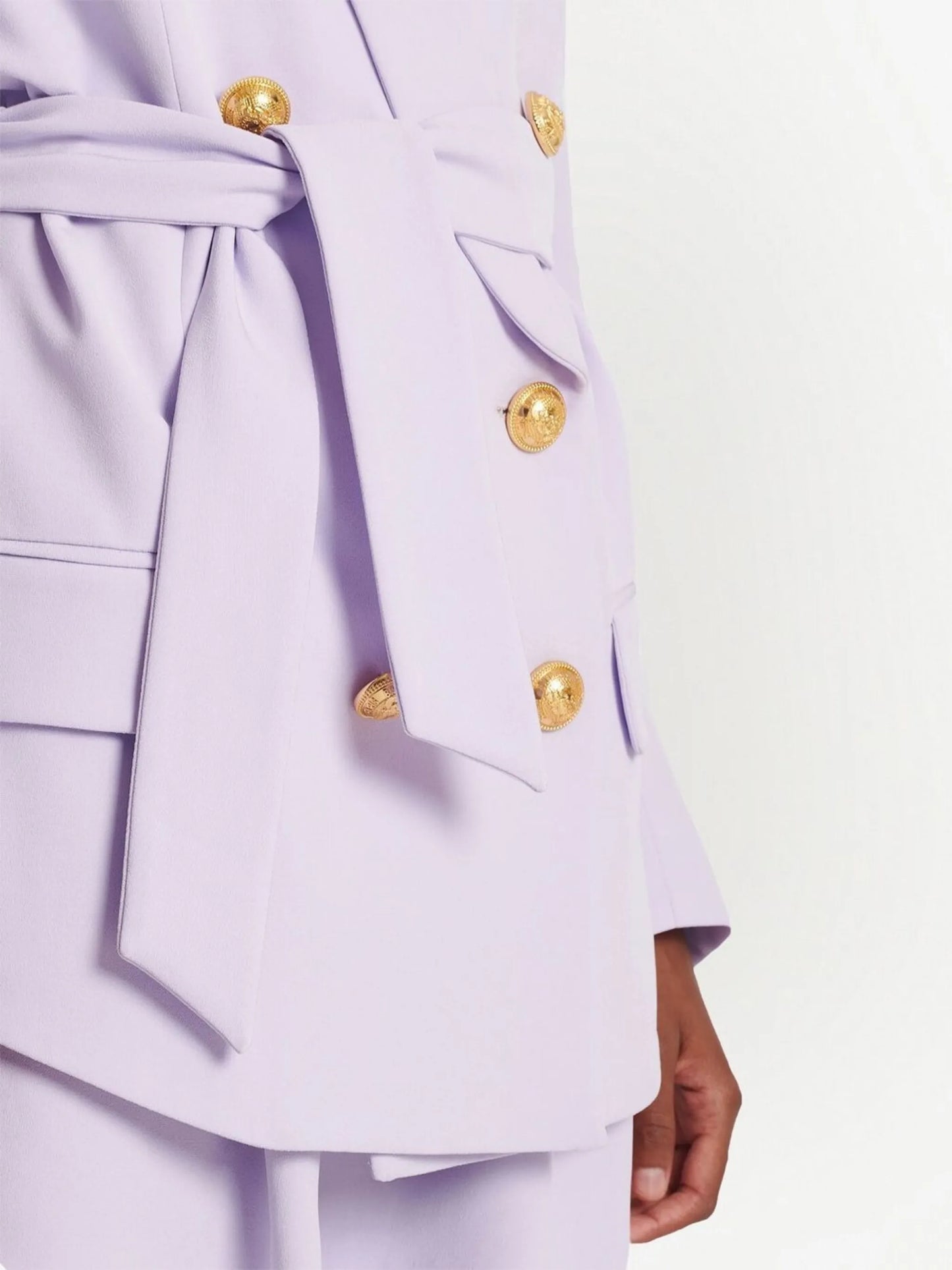 Shawl-collar six-button belted blazer