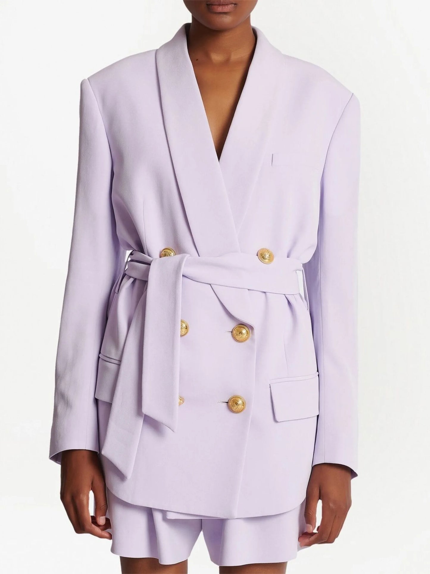 Shawl-collar six-button belted blazer