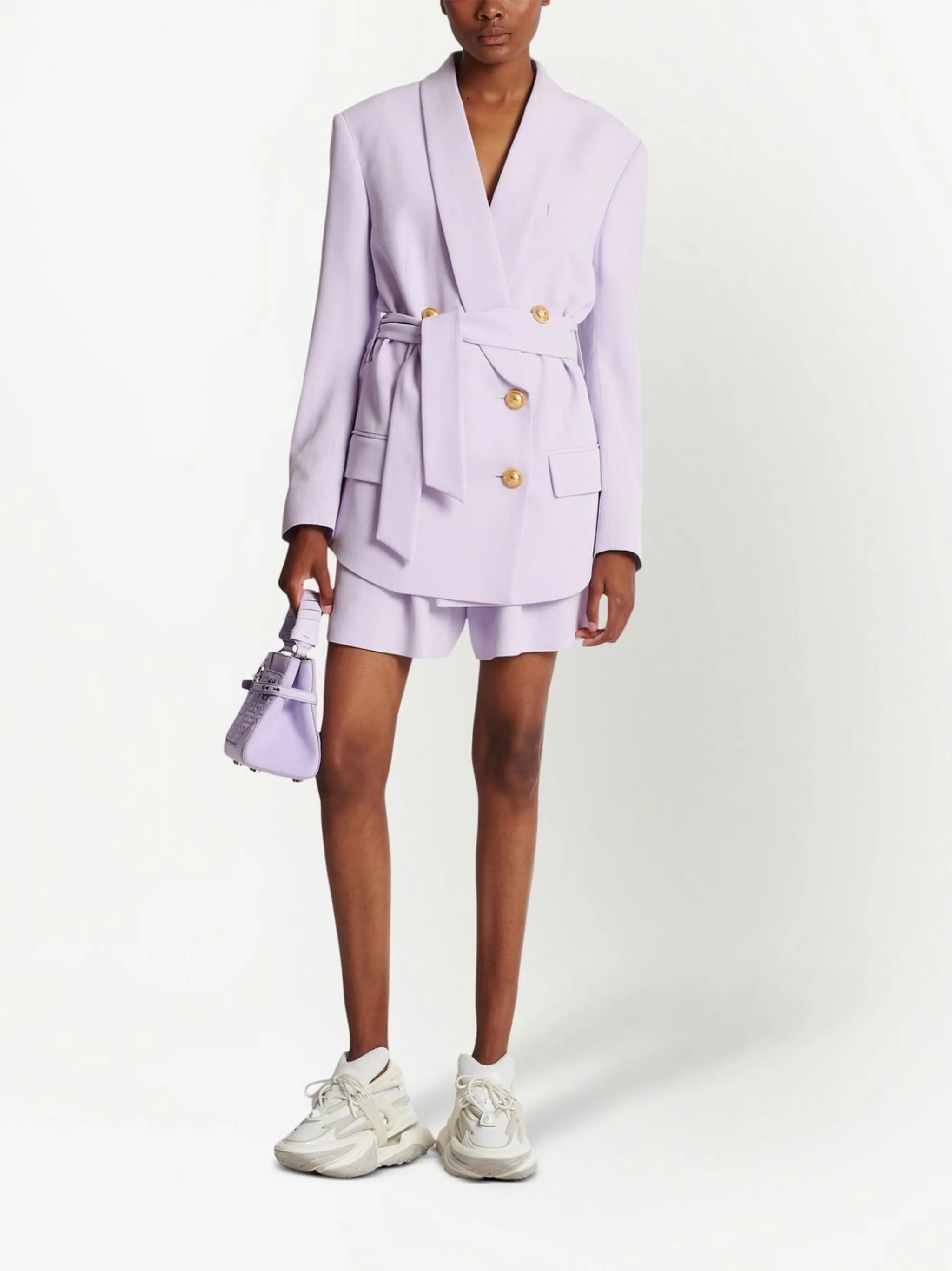 Shawl-collar six-button belted blazer