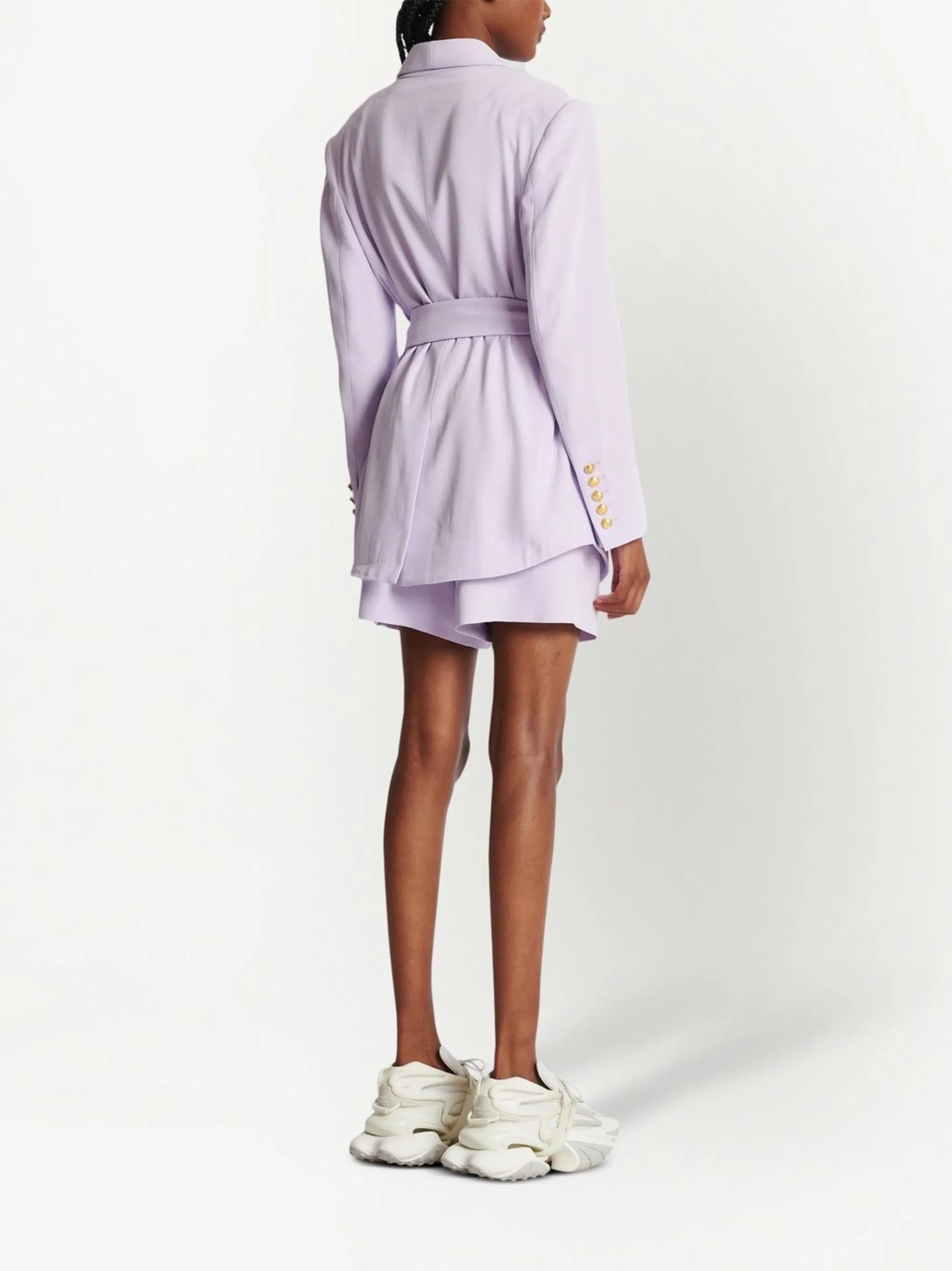 Shawl-collar six-button belted blazer