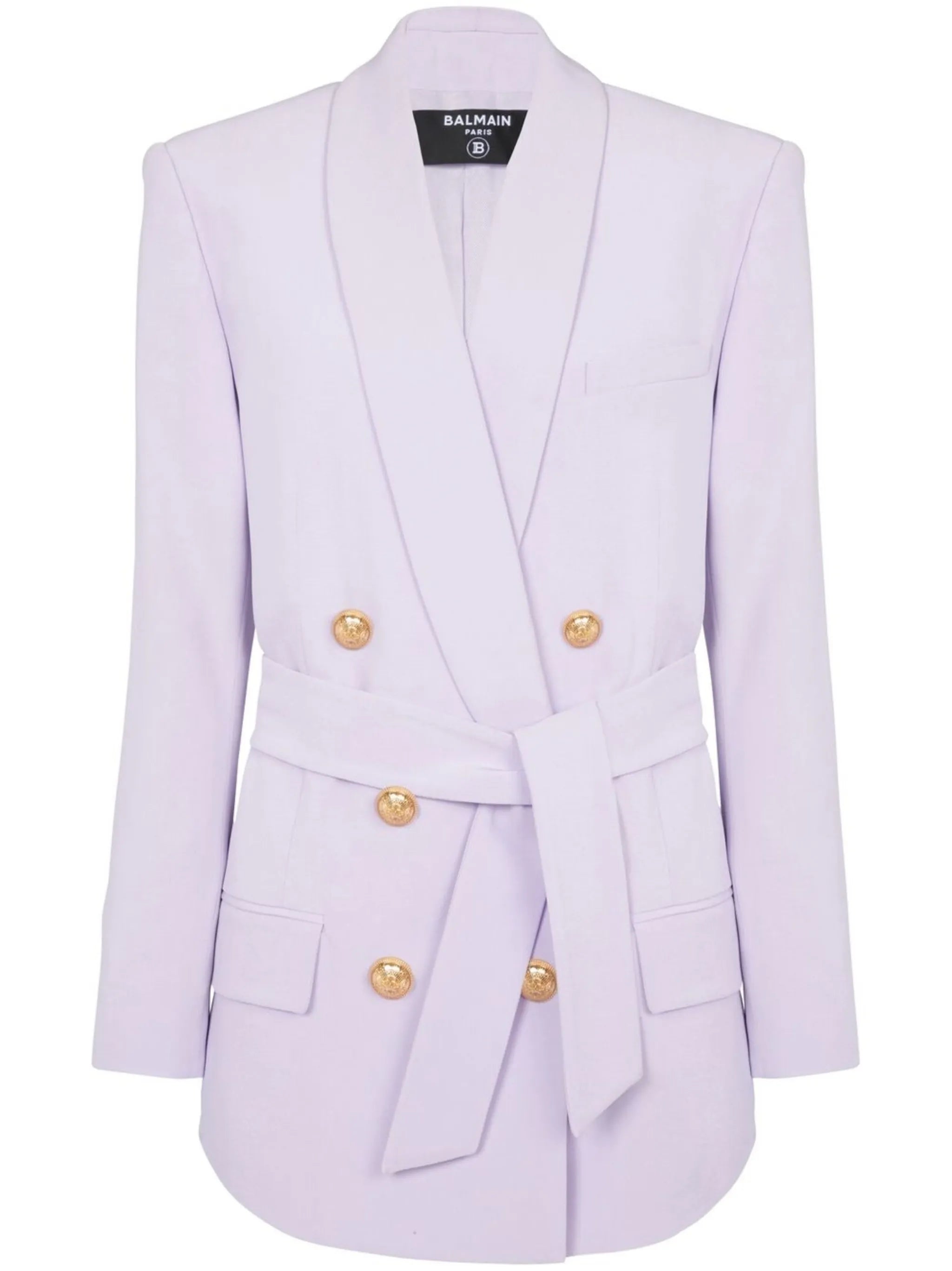 Shawl-collar six-button belted blazer