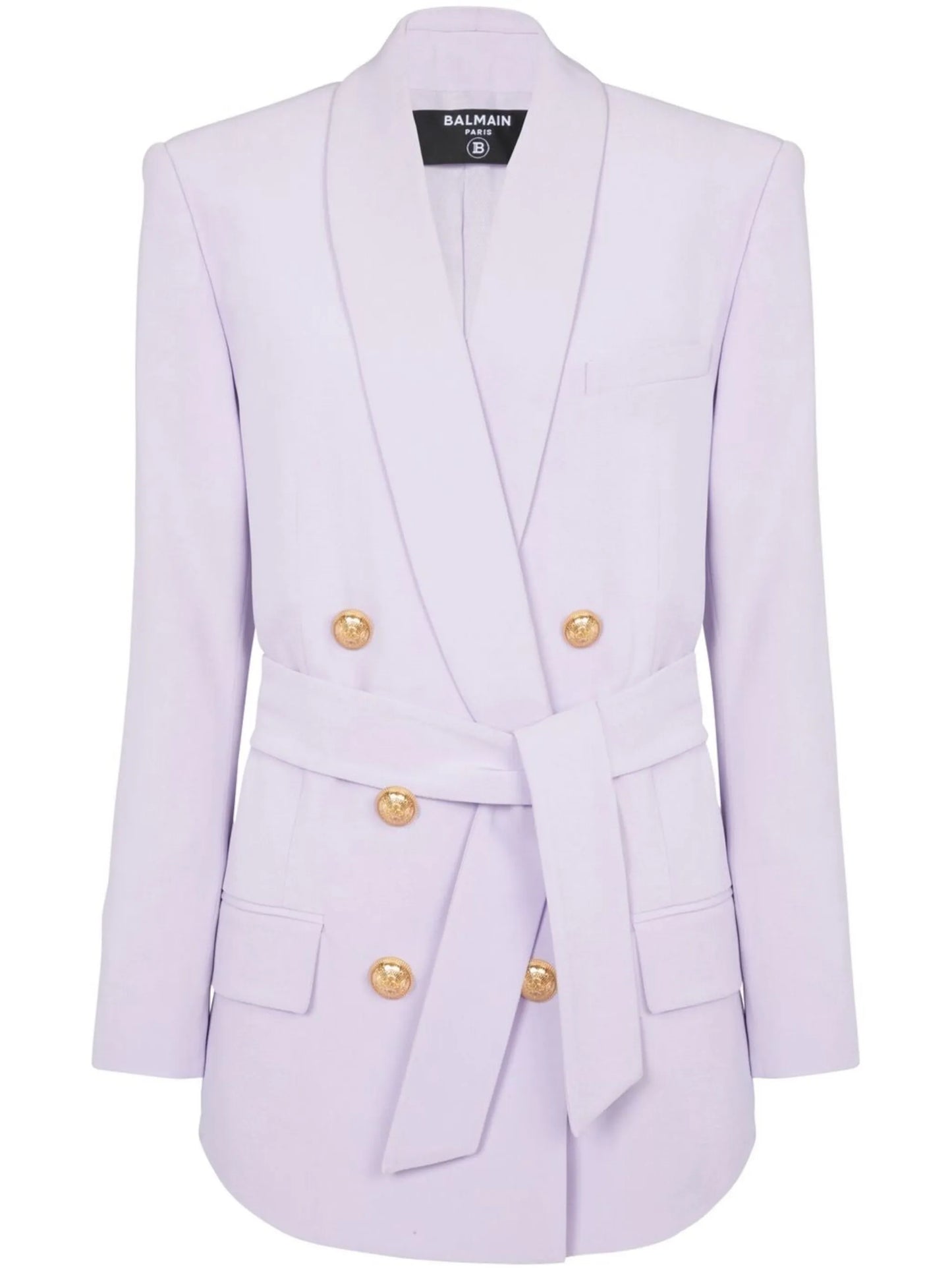 Shawl-collar six-button belted blazer