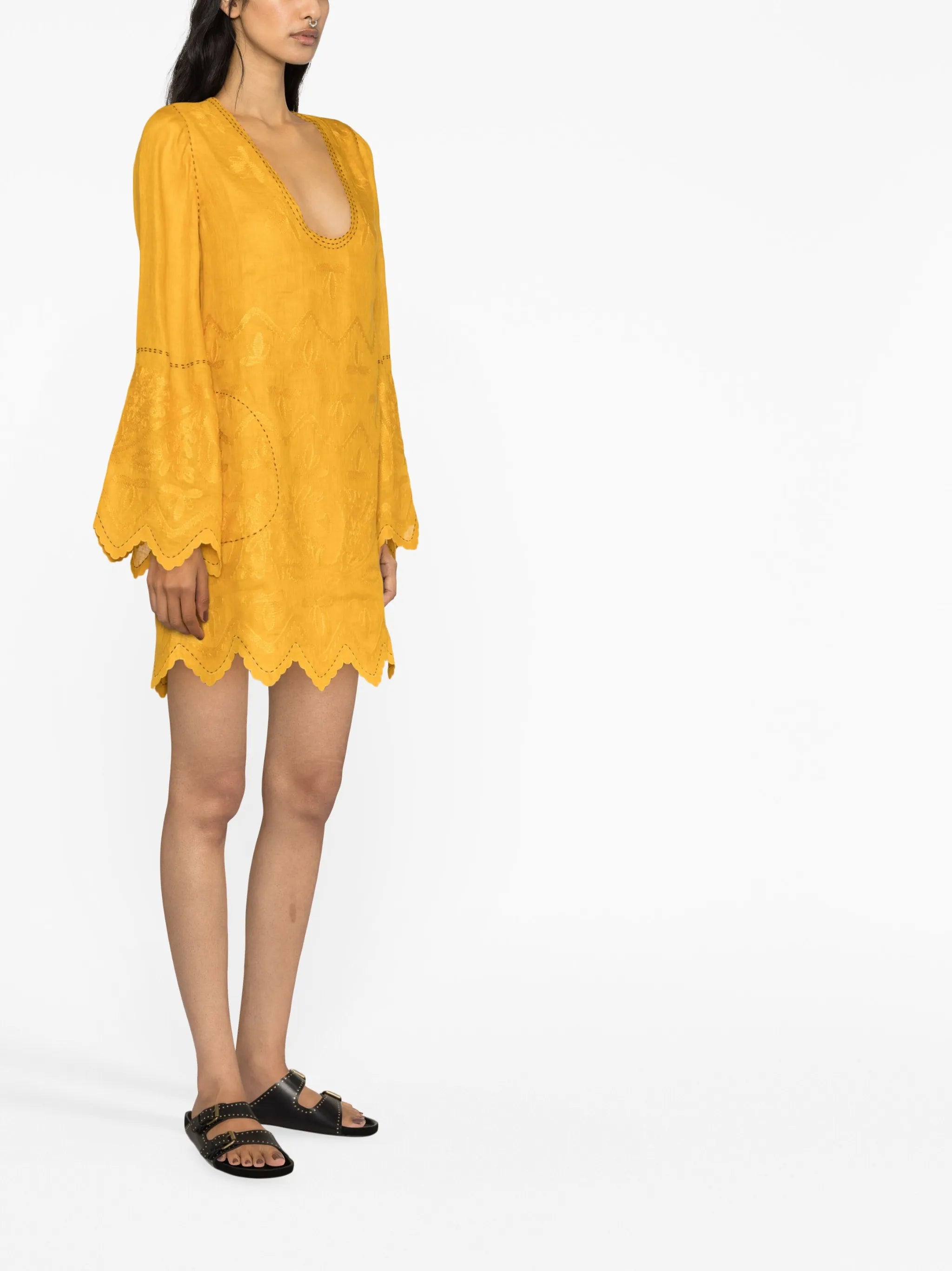 embroidered linen midi dress