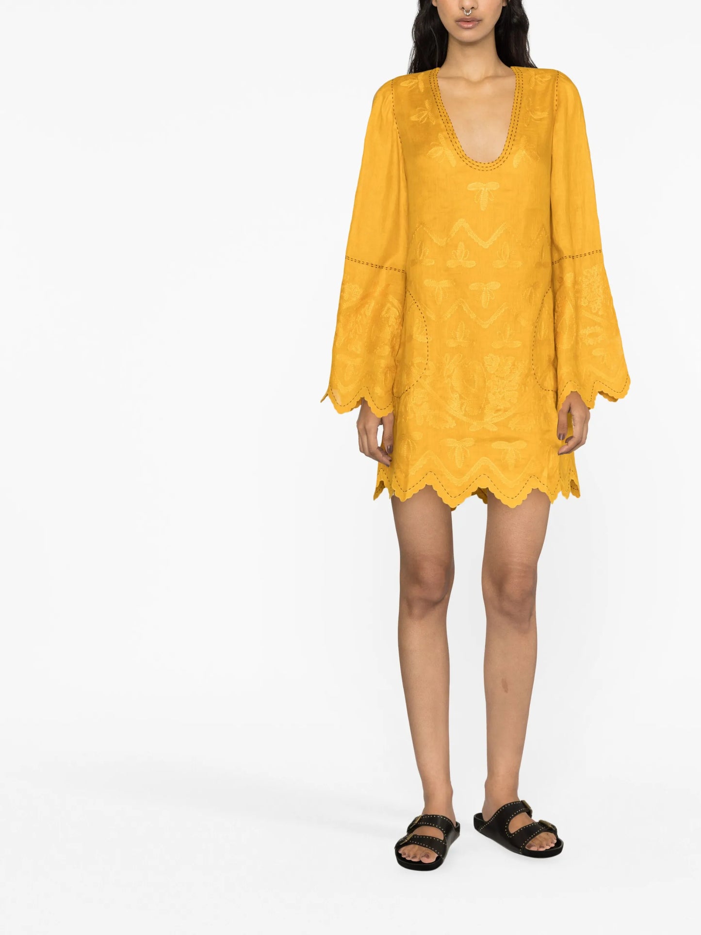 embroidered linen midi dress