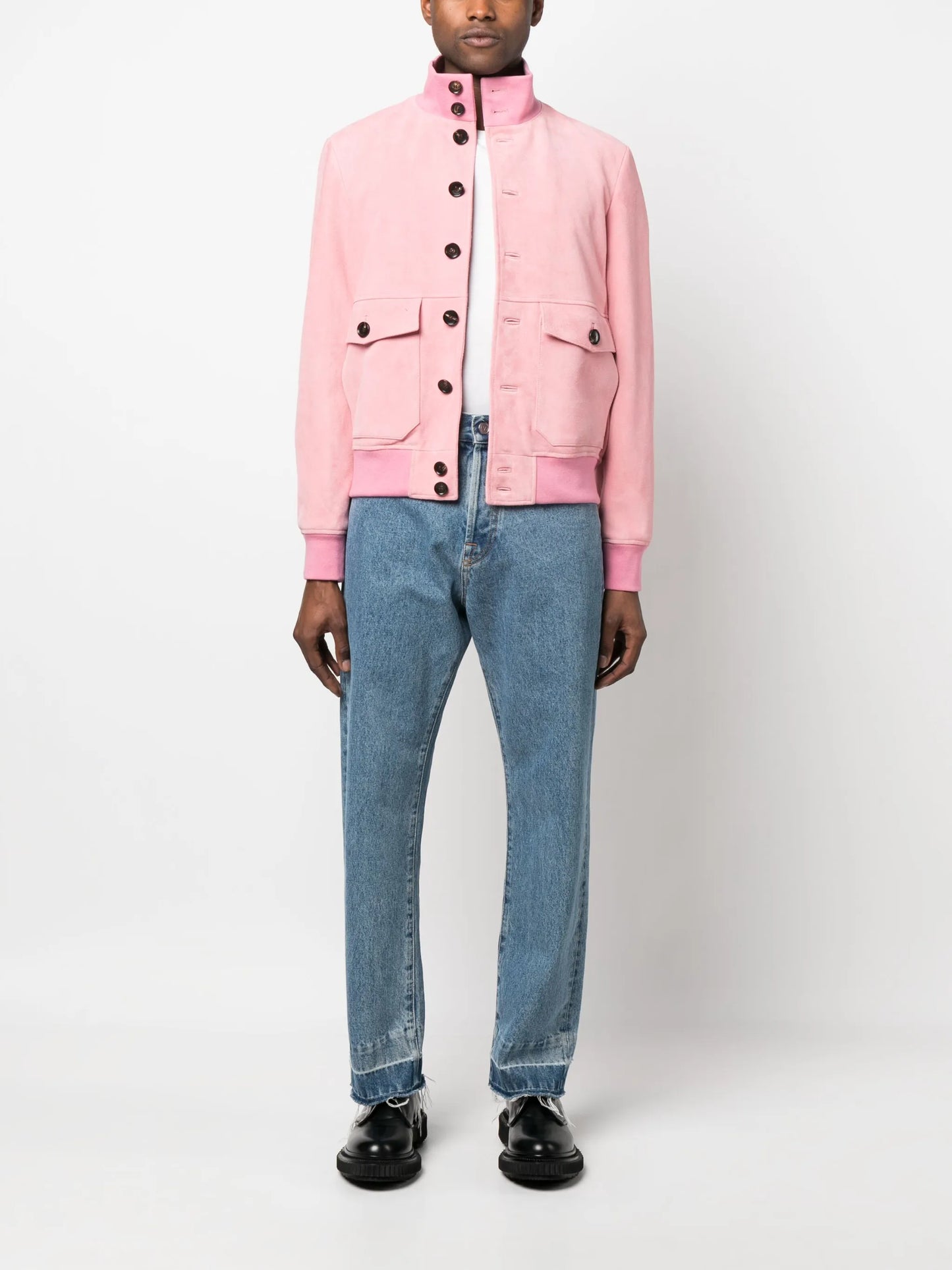 button-up leather bomber jacket
