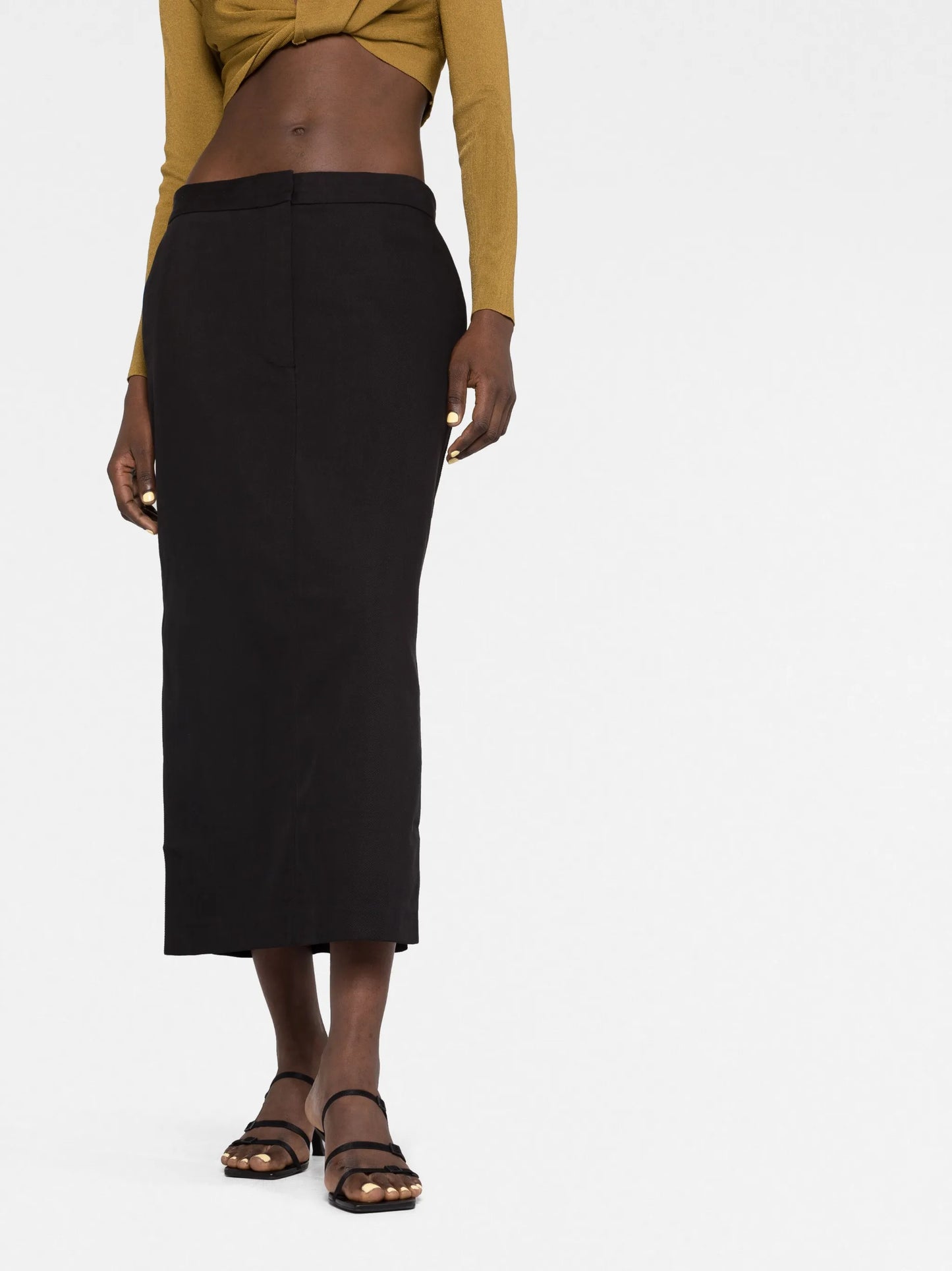 low-waist tailored midi skirt