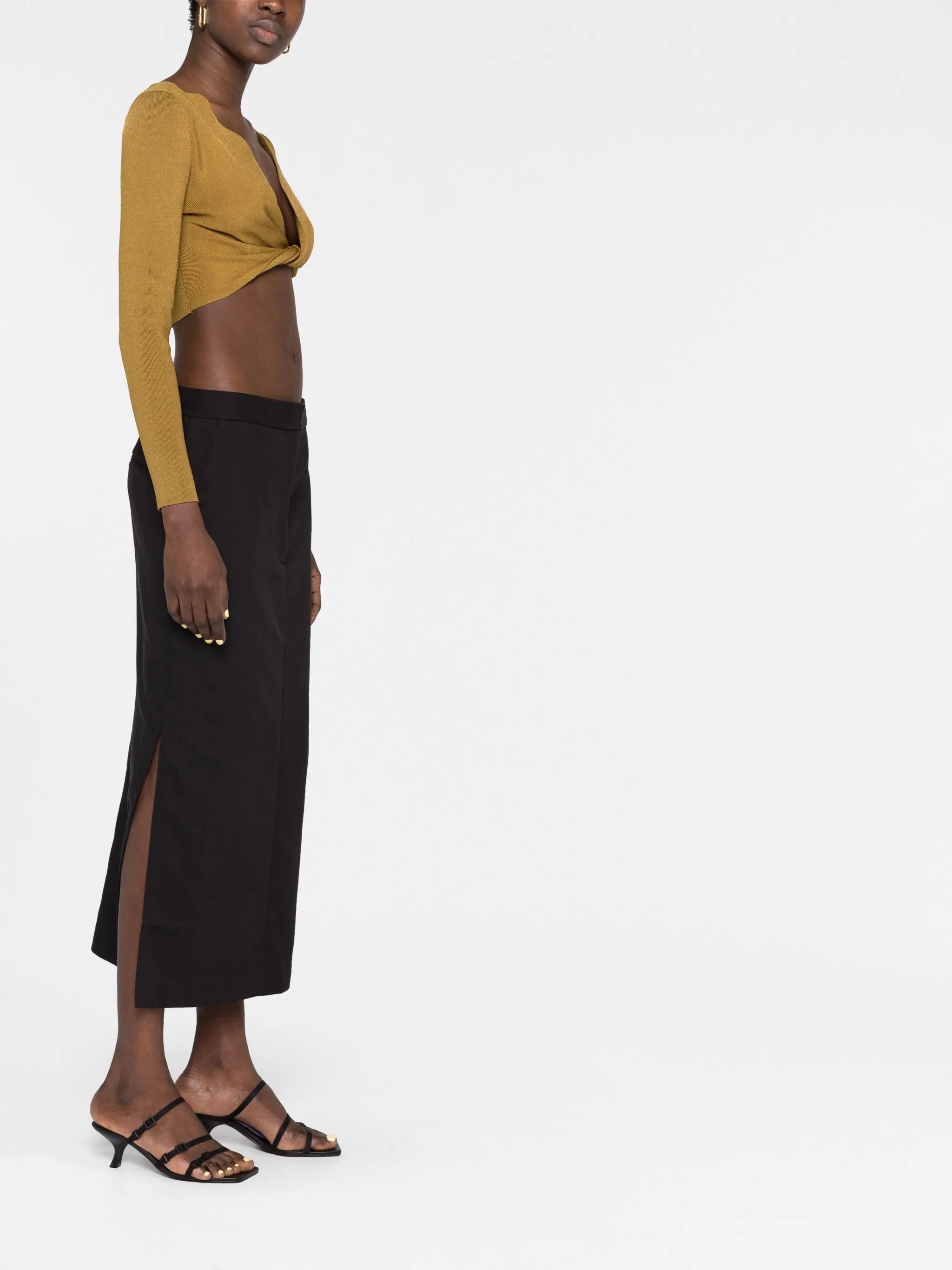 low-waist tailored midi skirt