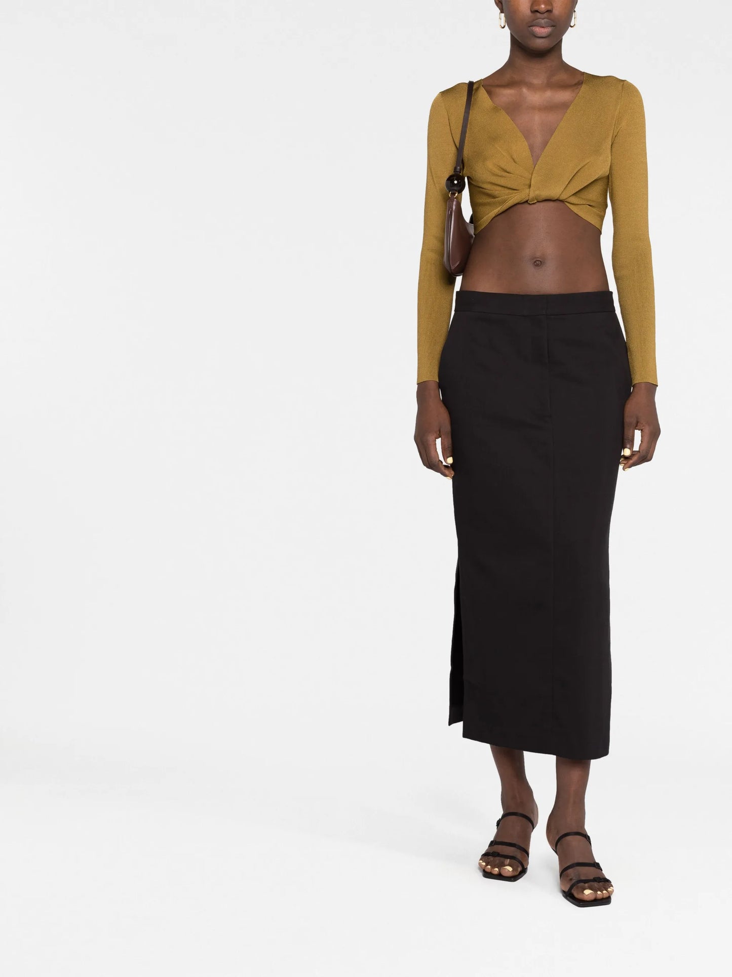 low-waist tailored midi skirt